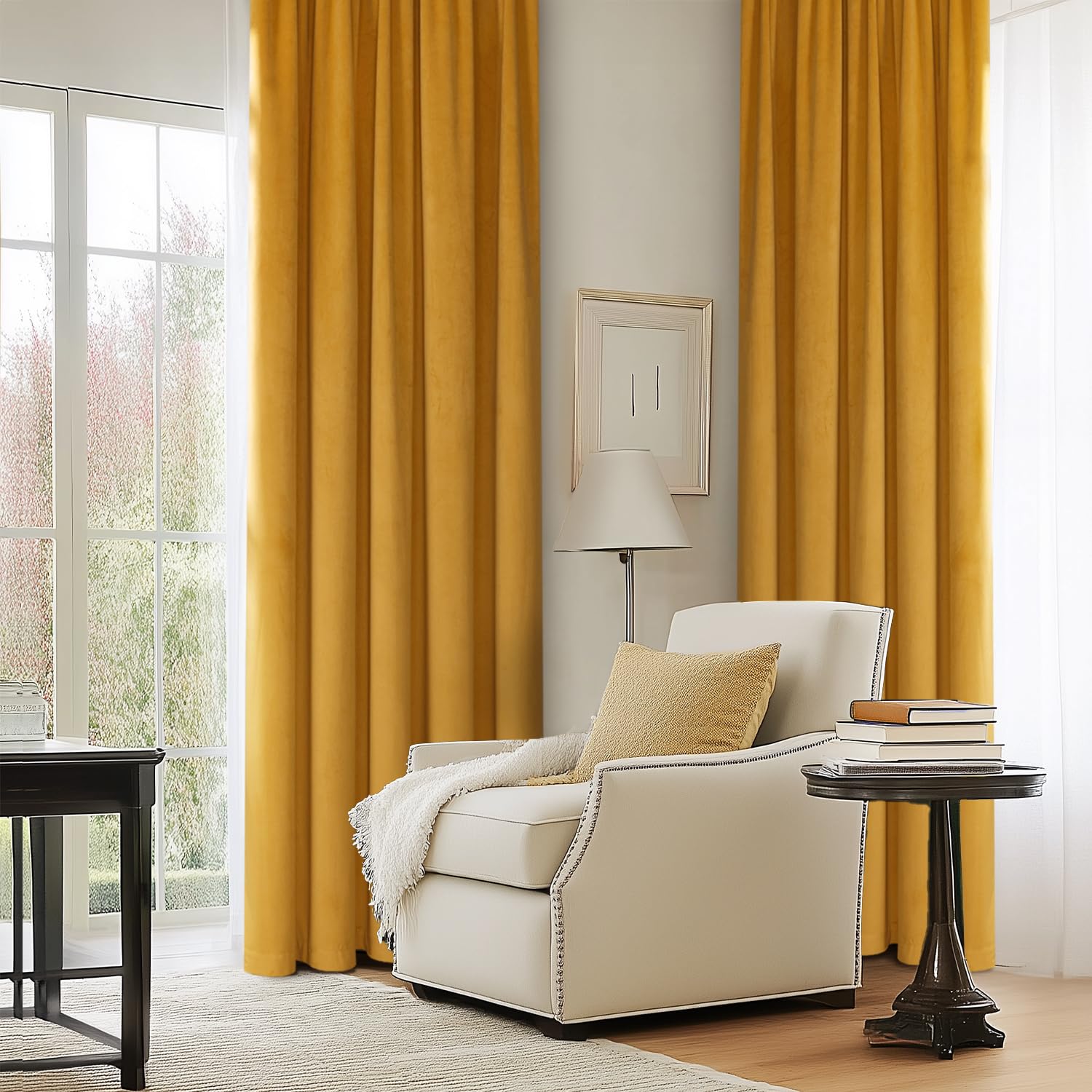 MIULEE Tende in velluto con fettuccia arricciata, 140 x 245 cm, confezione da 2, belle lussuose semi-oscuranti, tende gialle, senape, moderne tendine soggiorno camera da letto, finestra, spesse tende