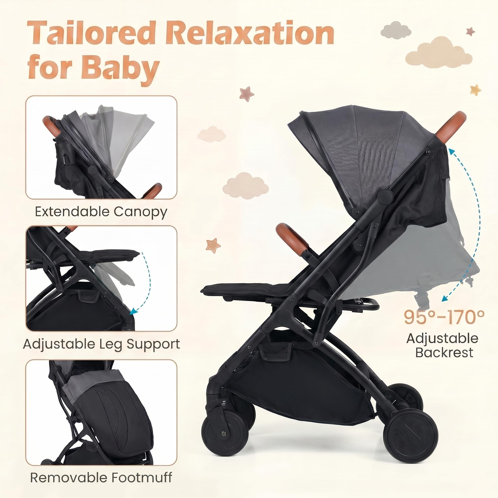 GIANTEX Faltbarer Kinderbuggy mit Regenschutz, Kinderwagen mit verstellbarer Rückenlehne, Verdeck, Fußstütze & 5-Punkt-Sicherheitsgurt, Reisebuggy für Babys von 0-3 Jahren, 15 kg belastbar (Grau)