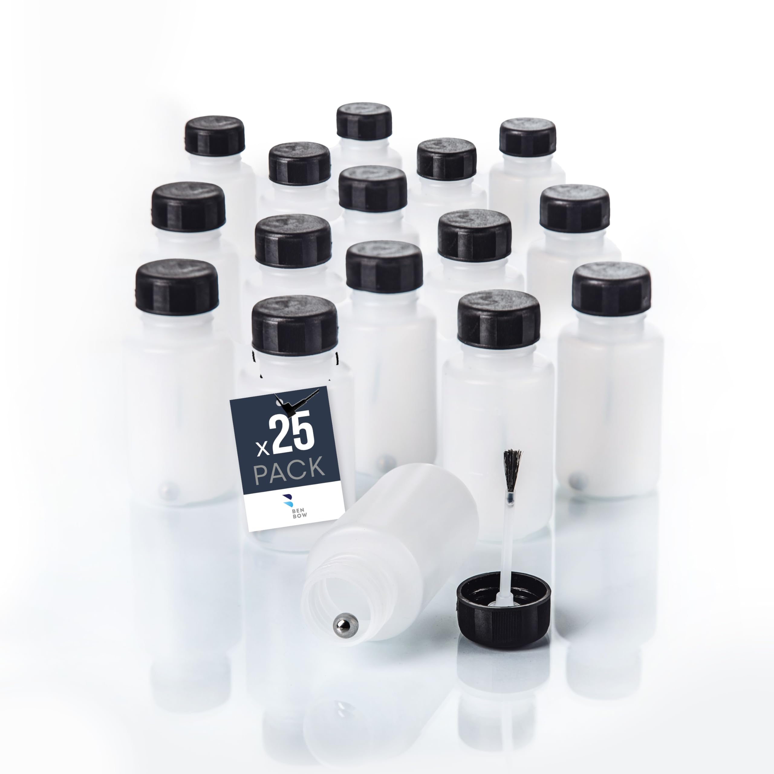 BenBow - 25x 50 ml Pinselfläschchen mit Mischkugel - Feiner Pinsel, Transparent - Lösemittelbeständig - Flüssigkeiten aufbewahren & auftragen - HDPE Kunststofffläschchen für Lacke, Farben Öl & Kleber