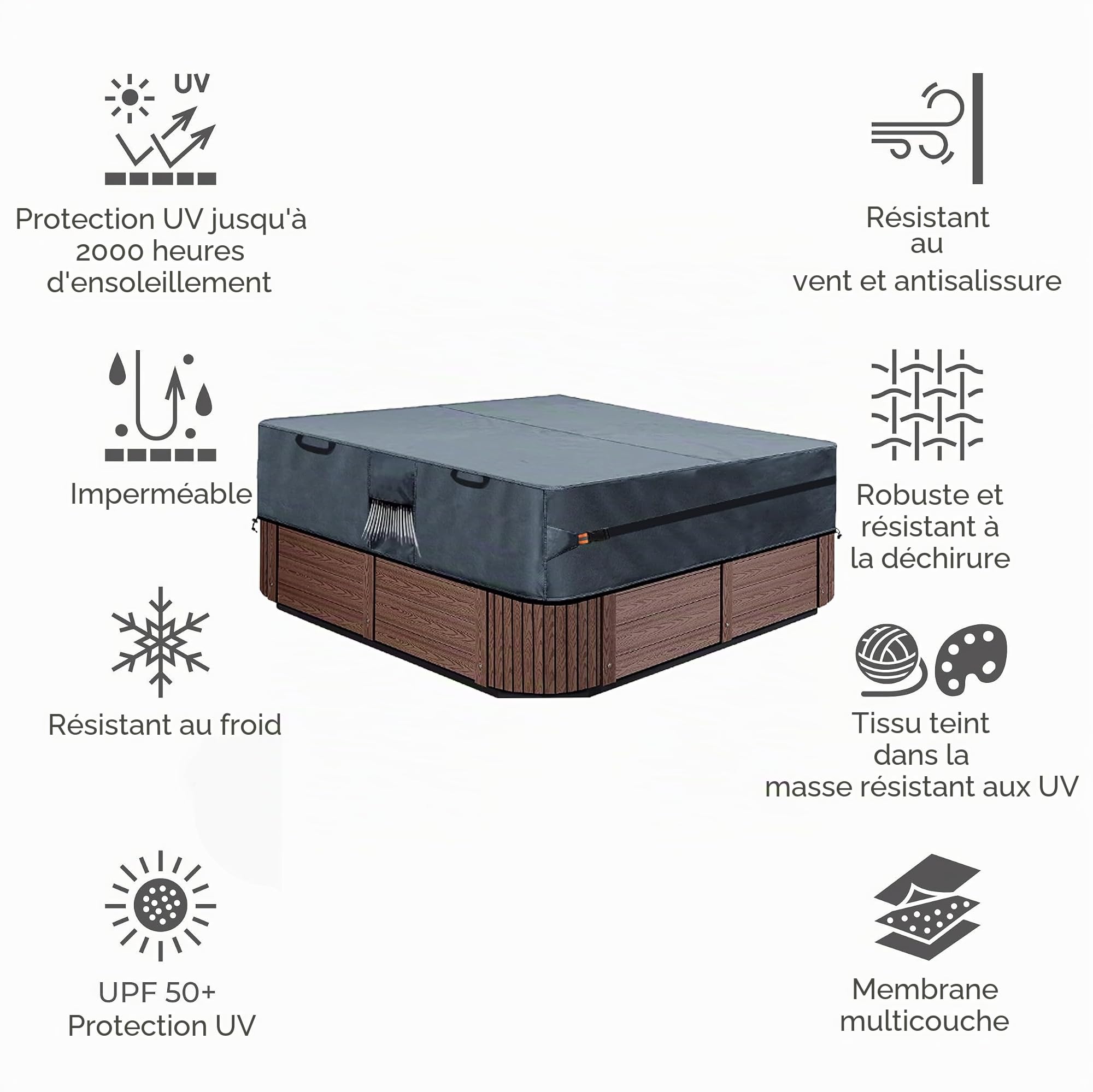 Housse de Protection pour Bain à Remous de Jardin - 220 x 220 x 30 cm - Carré - en Oxford 600D - Protector-Spa - Imperméable, Anti-poussière, Anti-UV, Coupe-Vent, Gris.