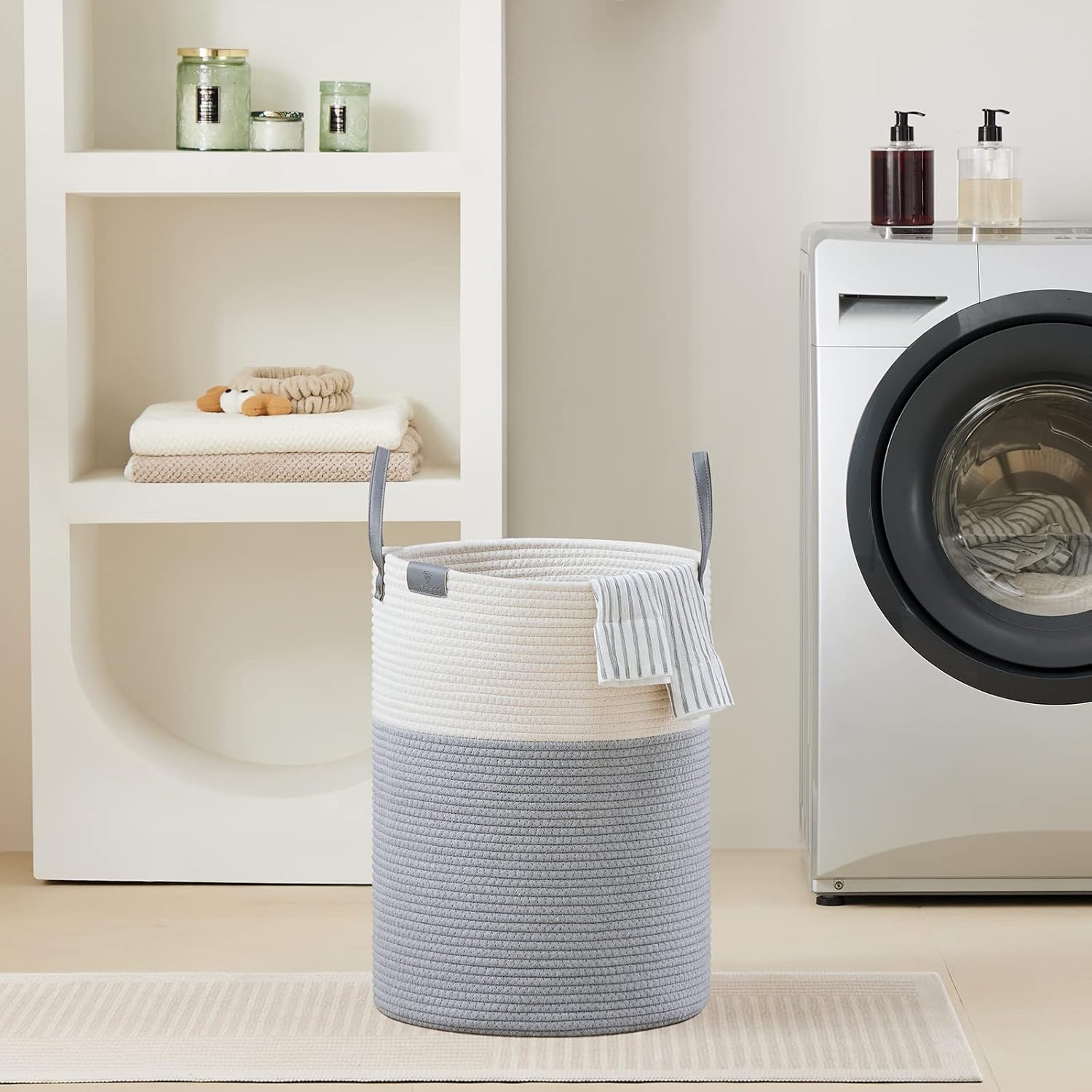 VIPOSCO Tall Laundry Basket, Large Dirty Clothes Hamper with Leather Handle, Woven Rope Storage Basket for Blanket, Toy In Living Room, Bathroom, Bedroom - 58L Grey & White - Image 7