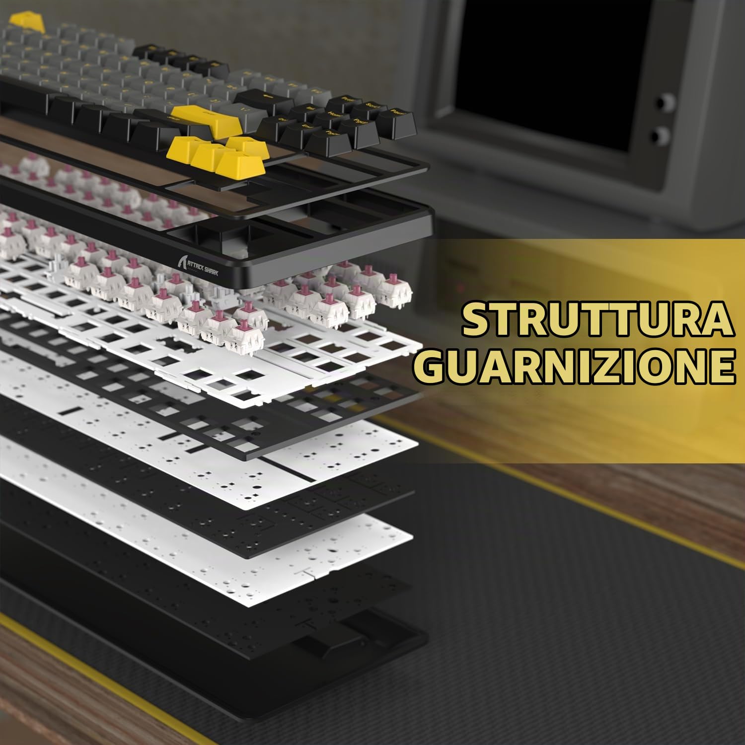 ATTACK SHARK X87 80% Tastiera da gioco meccanica wireless,BT5.0/2.4Ghz/USB-C Guarnizione hot-swap,illuminazione RGB,batteria da 4000mAh,interruttore lineare prelubrificato,tasti PBT per PC/MAC-Nero