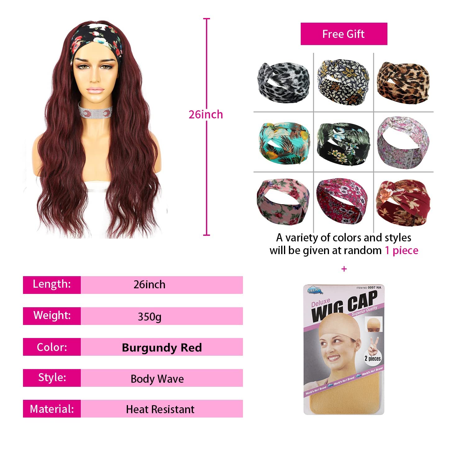 Burgundy Red Body Wavy Synthetic Headband Wig 26 Inch | Headband Wigs for Black Women,Machine Made Wigs,150% Density,Soft Synthetic Fiber,Show Edges Visible,Skin-Friendly,Daily Look thumbnail