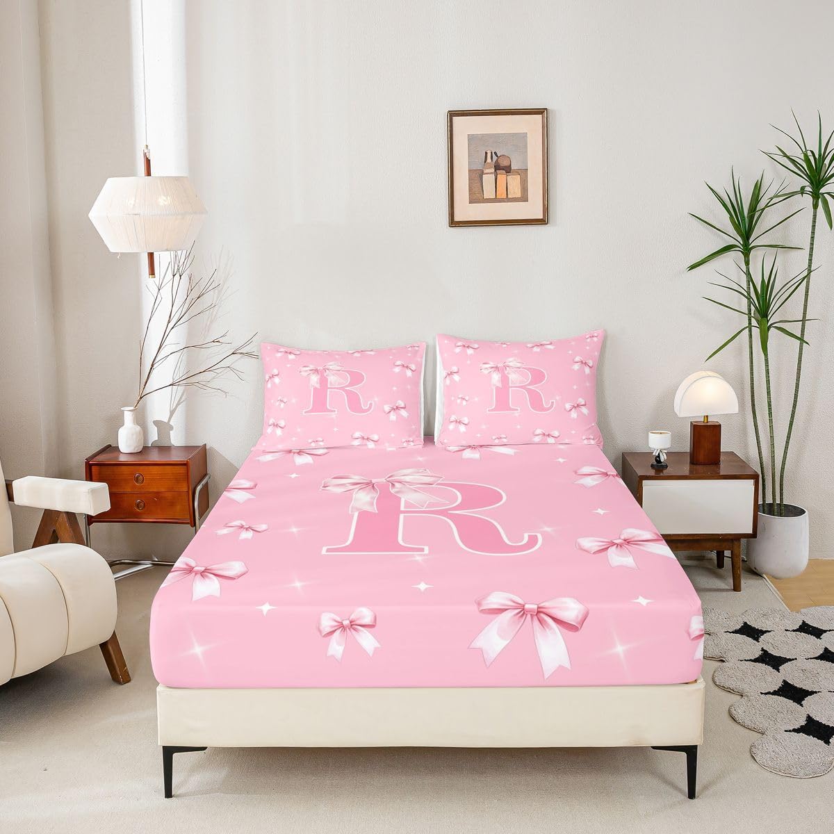 Erosebridal Monogram Letter R Fitted Sheet Initial Princess Bowknot Bed Sheets Full Pink Bow Aesthetic Bedding Set for Women Lady Fantasy Fairy Tales Bed Cover 3 Pcs