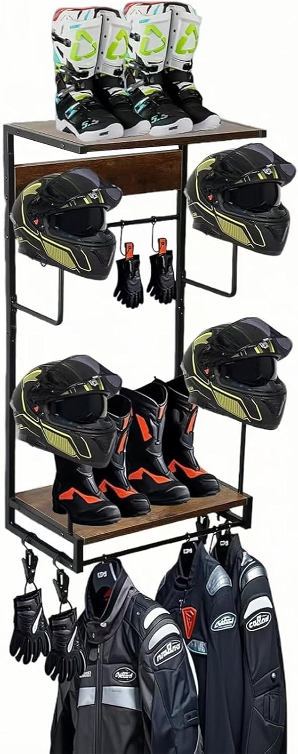 Motorcycle Helmet Rack, Wall Mount with 4 Glove Chips, 10 Hooks and Rustic Finish for Multiple Helmets and Clothes