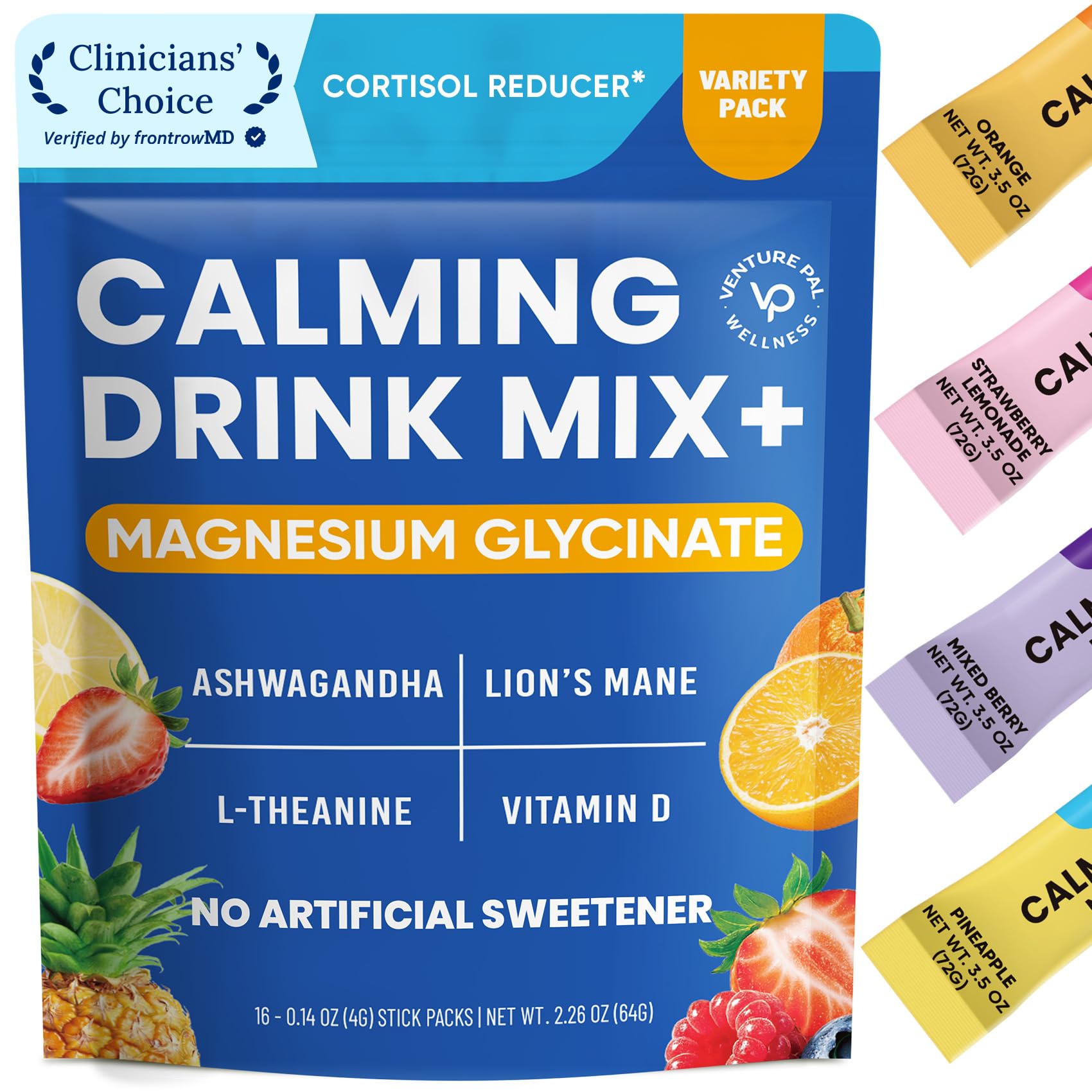 Venture Pal Calm Drink Mix, Cortisol Reducer and Sleep Aid with Magnesium Glycinate, Ashwagandha, L-Theanine,Vitamin D, Calm Magnesium Powder for Relax & Focus, No Sugar, Non GMO, On The Go