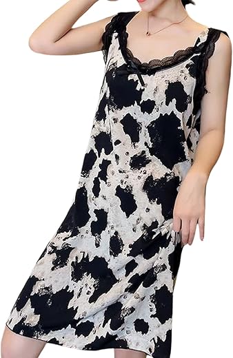 KSEWJP Ink Wash Satin Slip Dress with Lace Trim, Loose Women's Loungewear