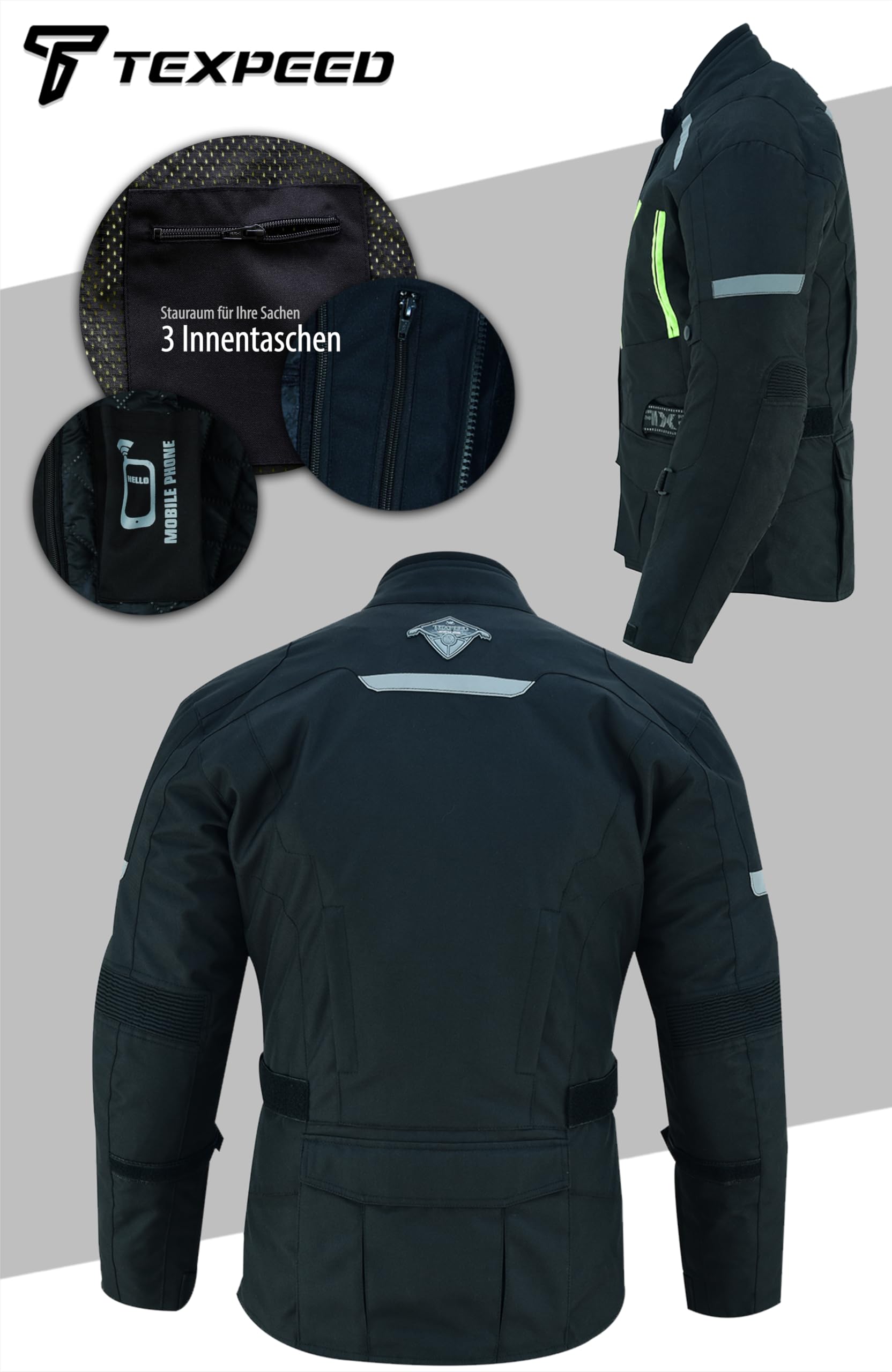 Texpeed Motorradjacke Herren Mit Protektoren - Motorrad Sommer Motorroller Biker Wasserdicht Jacke Mit Rüstung (EN 1621-1) Schwarz - XL