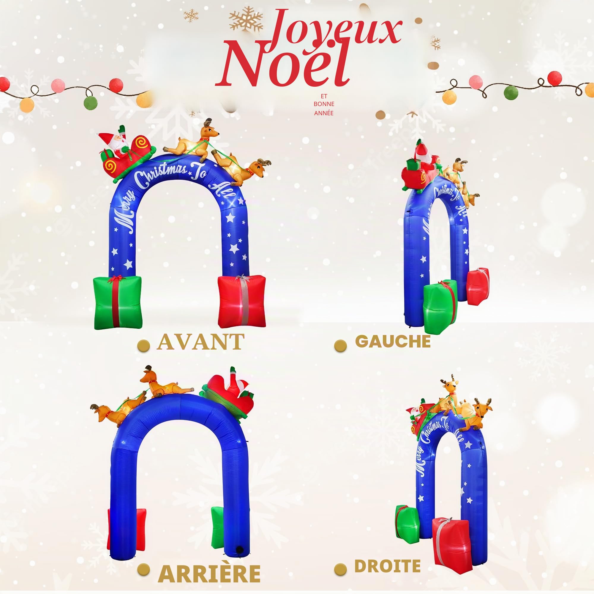 Père Noël Gonflable de 2,7 m Chevauchant Un Renne Avec Arche Cadeau, Décoration Extérieure de Noël