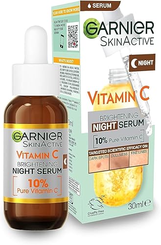 Garnier Serum de noche dirigido antimanchas oscuras para cara, con 10% de vitamina C pura y ácido hialurónico, antipigmentación y opacidad, para