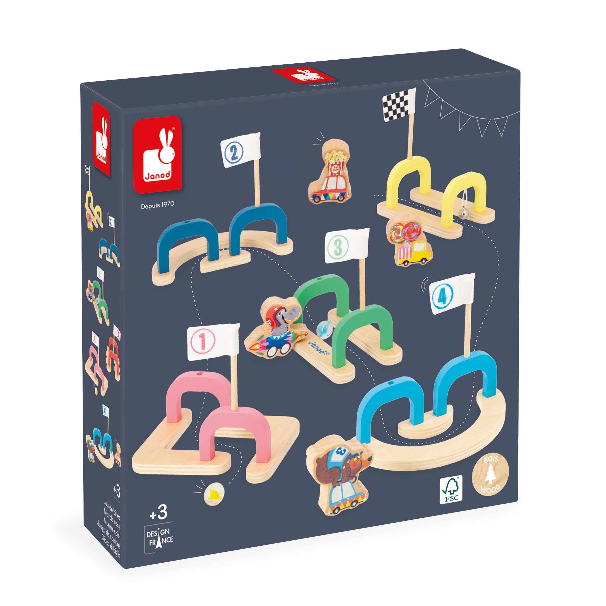Janod - Gioco Biglie per Bambini Applepop - Gioco di Abilità - 6 Passaggi + 2 Biglie + 4 Pedine - Sviluppa Manualità e Concentrazione - Giocattolo in Legno FSC - Dai 3 Anni, J03357