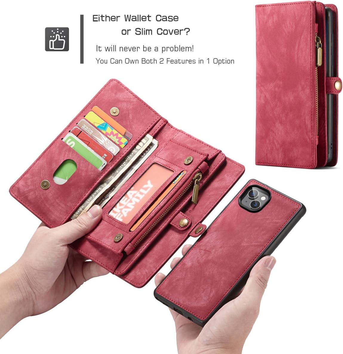 Compatible with iPhone 16 Pro Max Leather Wallet Case Detachable Magnetic Flip Leather Phone Cover with Zipper Pocket Card Holder ShockPro Maxof Detachable Wallet for Woman Man (Red)