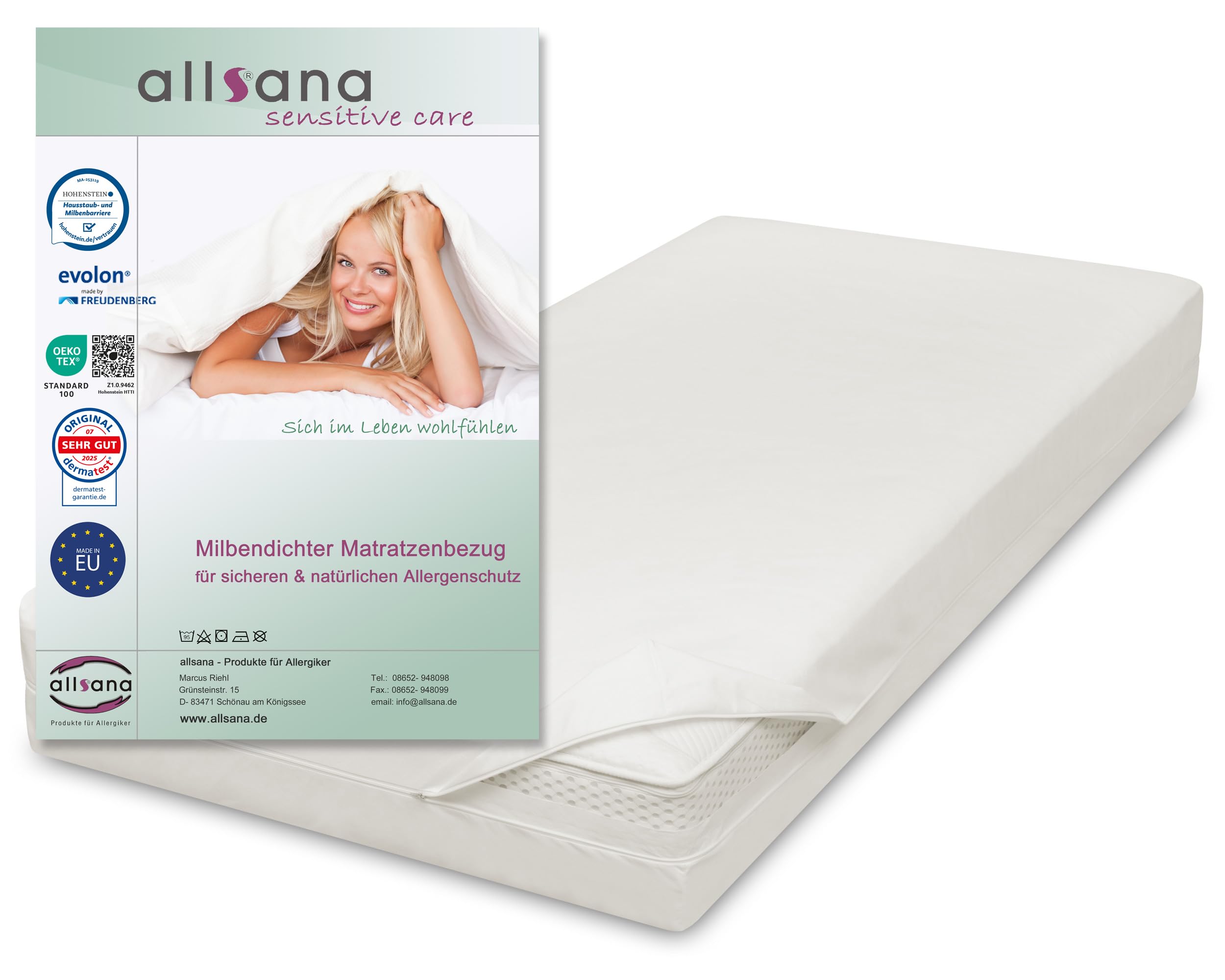 Allsana Allergiker Matratzenbezug 90x200x20 cm | Allergie Bettwäsche | Anti Milben Encasing | Milbenschutz für Hausstauballergiker | Zwischenbezug für die Matratze | Hohenstein Zertifiziert