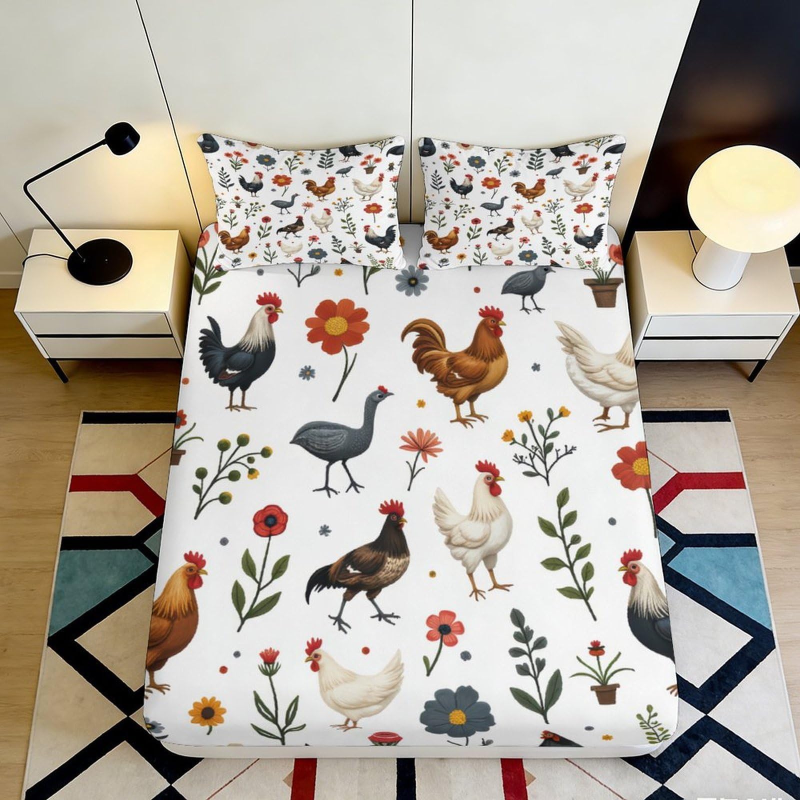 Pnayamiorkfel Style-8 3D Printed Farm Chicken Fitted Sheet Microfiber Soft Decorative Floral Rooster Mattress Cover Bedroom Dorm Protector 90X200x25cm