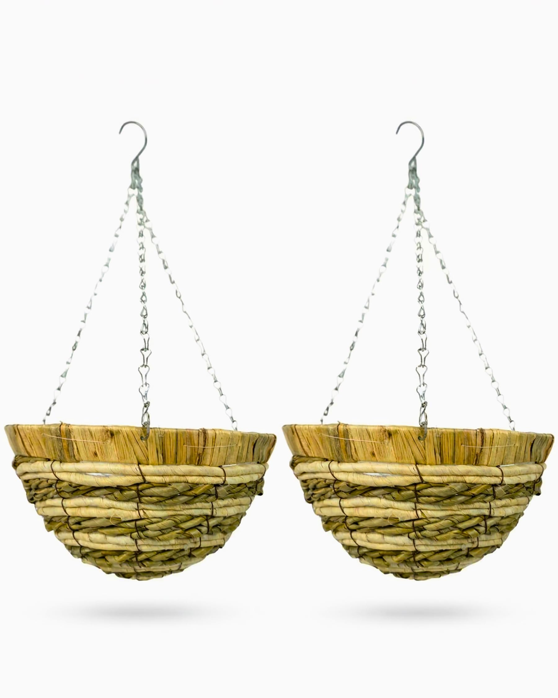 Growers Own Holkham 12" Round Hanging Planter Baskets – Decorative Garden Planters for Indoor & Outdoor Use. Durable Natural Mountain Grass & Corn Rope. Strong Metal Chains Included (Twin Pack)