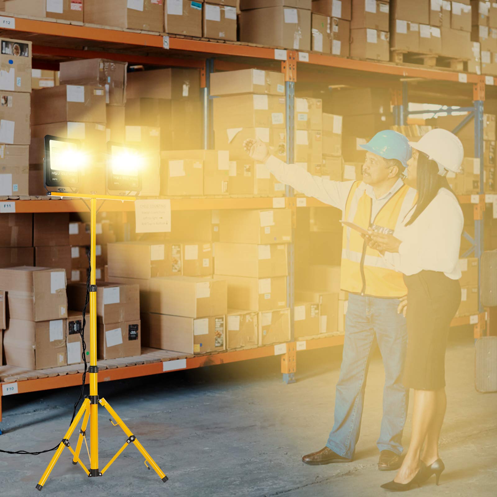 Froadp Faretto a LED da costruzione, 2 x 100 W, con supporto tripod, regolabile in altezza, IP66, impermeabile, per interni ed esterni, cantieri, garage, giardino, officina (bianco caldo)