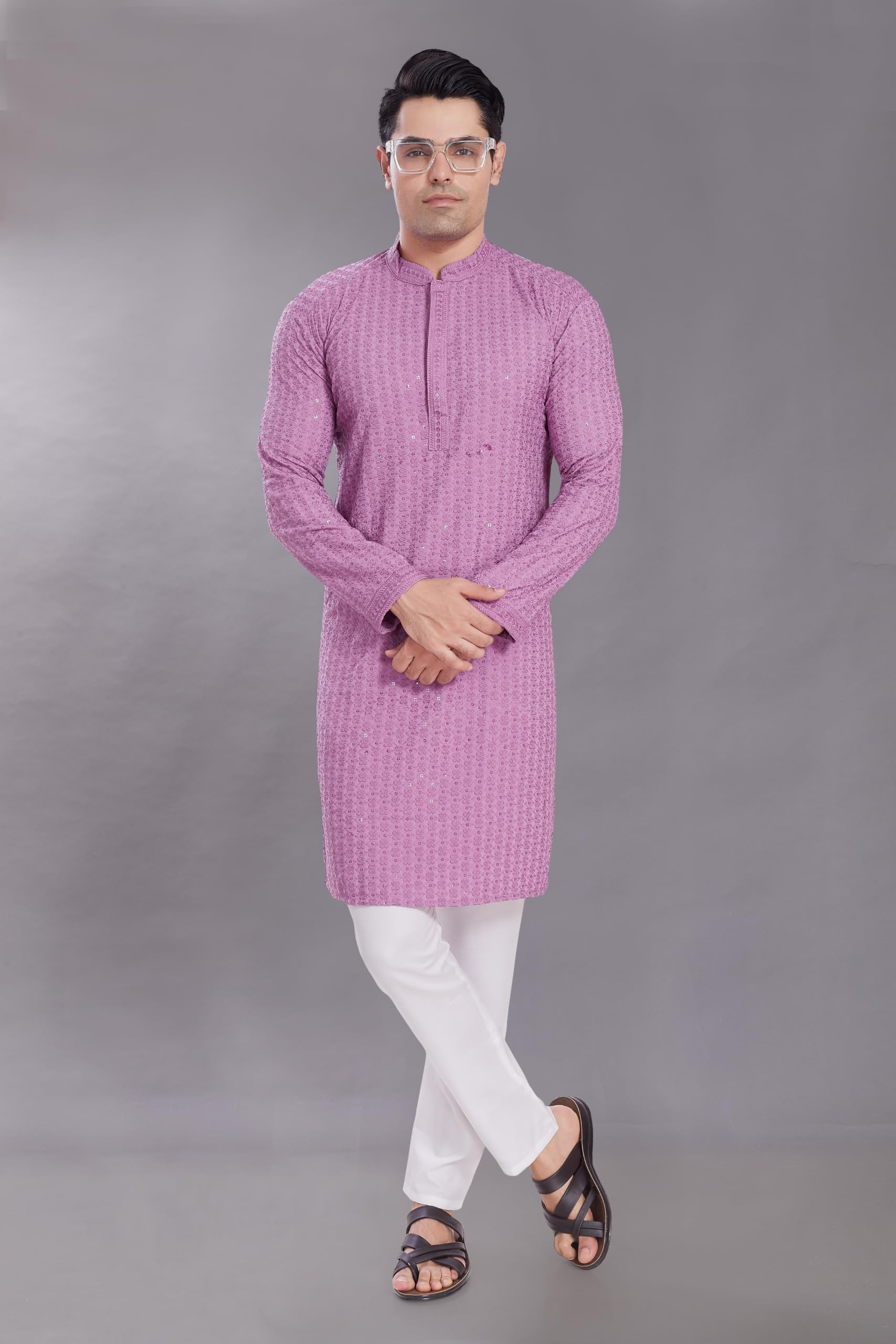 Divisive Men's Sequince Embroidered Cotton Blend Only Slim Fit Kurta (Dkrt512_Xxxl_Lavendar)