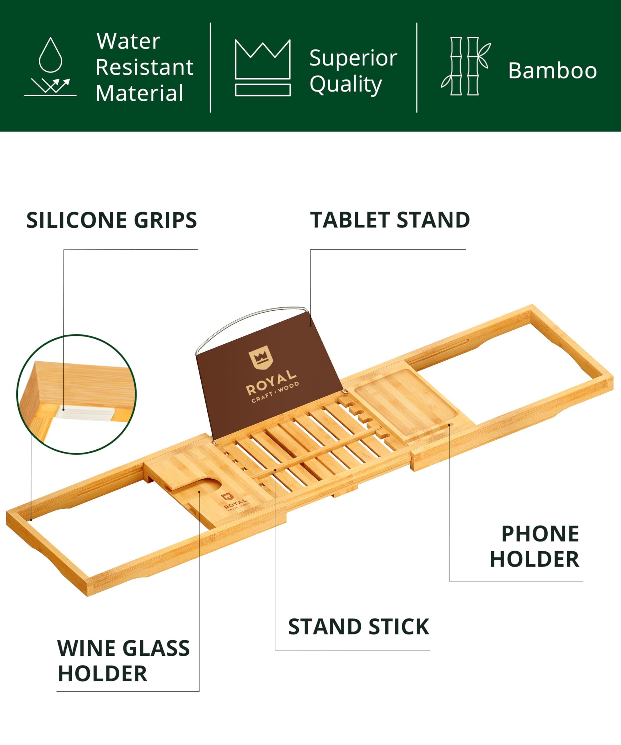 Royal Craft Wood Bathtub Tray - Foldable Bamboo Caddy -3