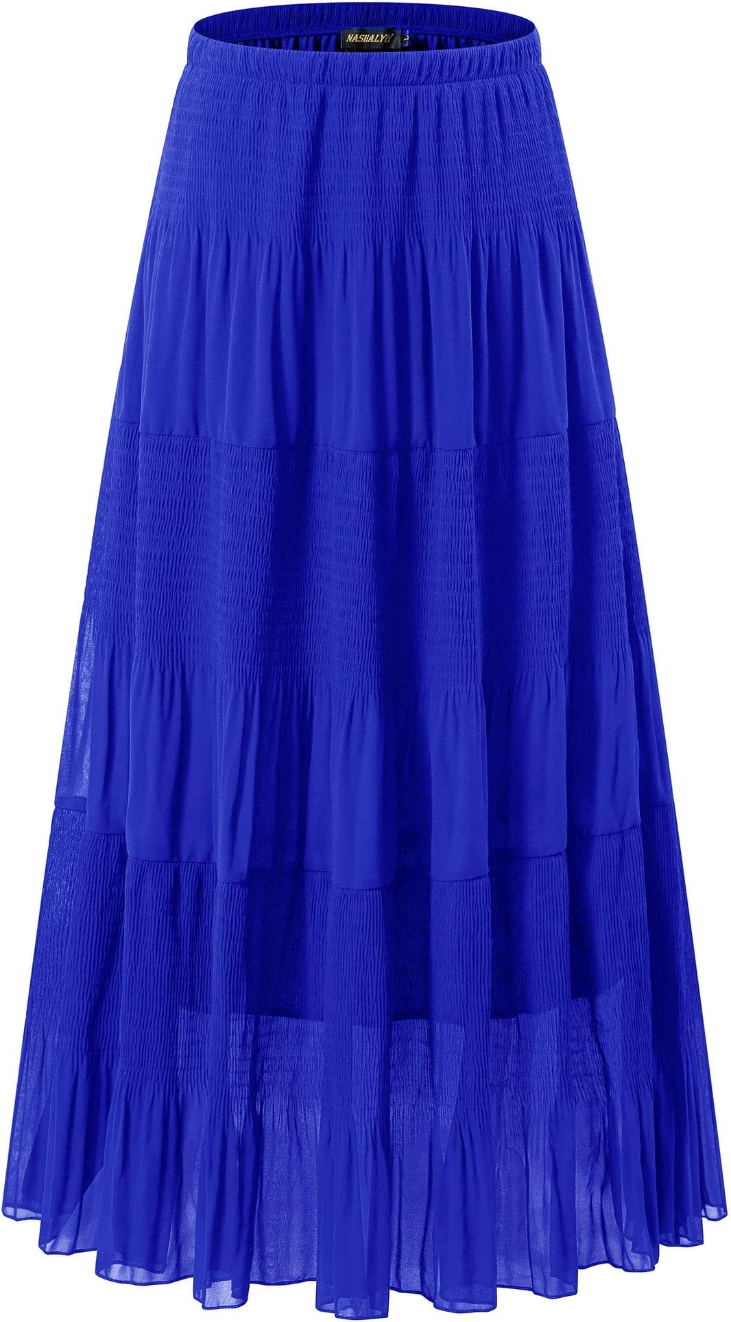 NASHALYLY Women's Chiffon Elastic High Waist Pleated A-Line Flared Maxi Skirts (4XL, Lake Blue)
