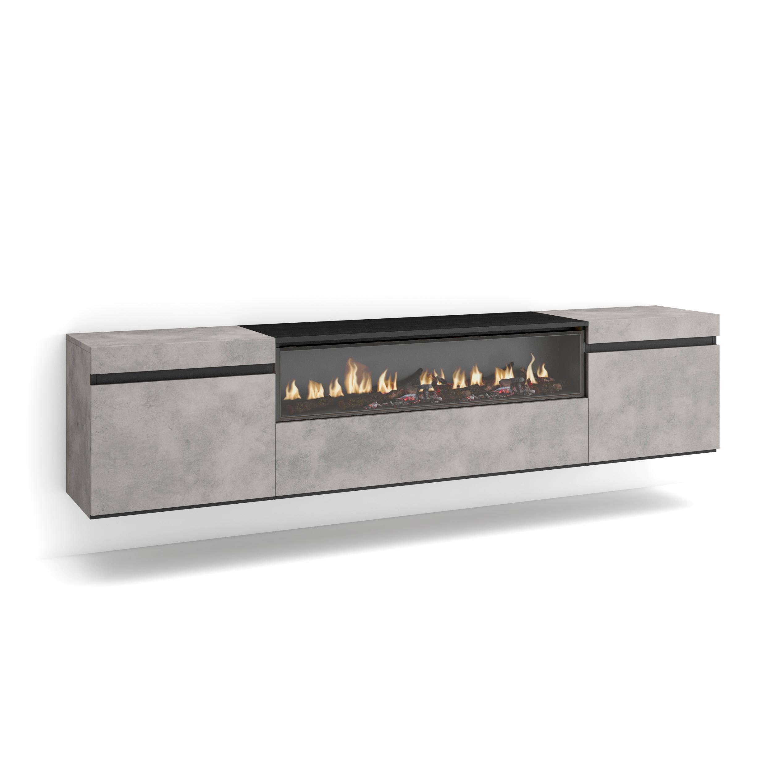 Skraut Home | Mueble TV | Televisión | Muebles de salón, almacenaje | 200x45x35cm | para TV hasta 80" | Chimenea eléctrica | Colgado, Suspendido | Estilo Moderno | Cemento