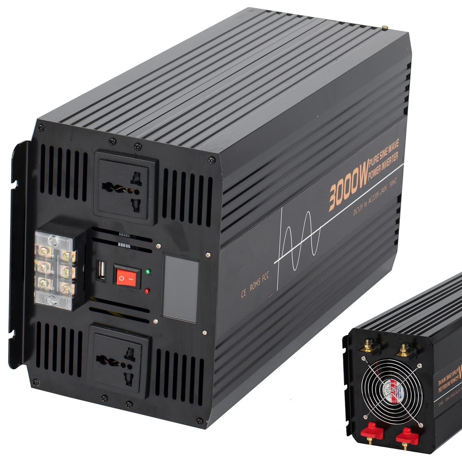 NVSFZGIYG Power Inverter DC 12V 24V 48V to AC 110V/220V Pure Sine Wave Car Voltage Converters with Alligator Battery(3000W,12Vto220V)