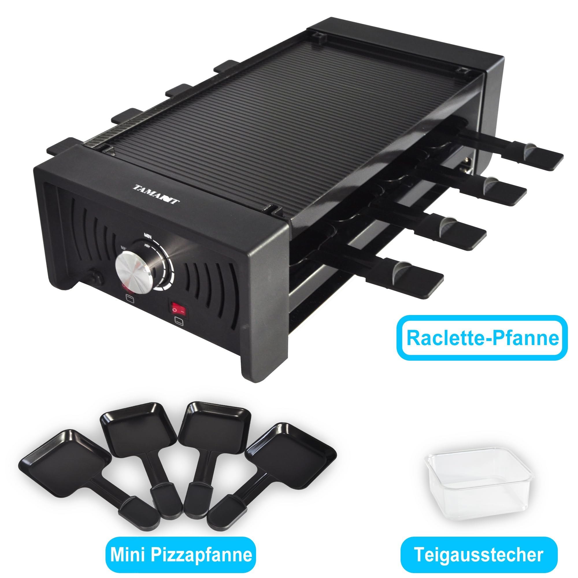 TAMARIT Raclette-Grill 3-in-1, mit Pizza-Funktion, 1500W, für 8 Personen | Elektrischer Tischgrill, Doppelheizung, BPA-freie Antihaftbeschichtung, Temperaturregler, 1500W