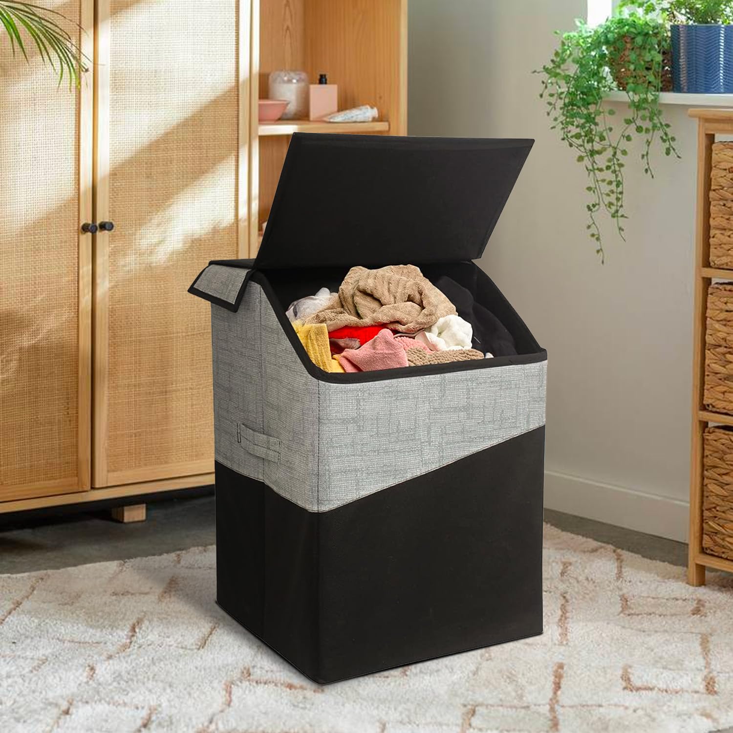 PrettyKrafts 75 L Laundry Basket for Clothes with Lid | Laundry Bag Foldable | Laundry Bag for Clothes | Clothes Basket | Basket for Clothes Storage | Toy Storage Basket (40x35x53cm, Black, Set of 1)-image-18