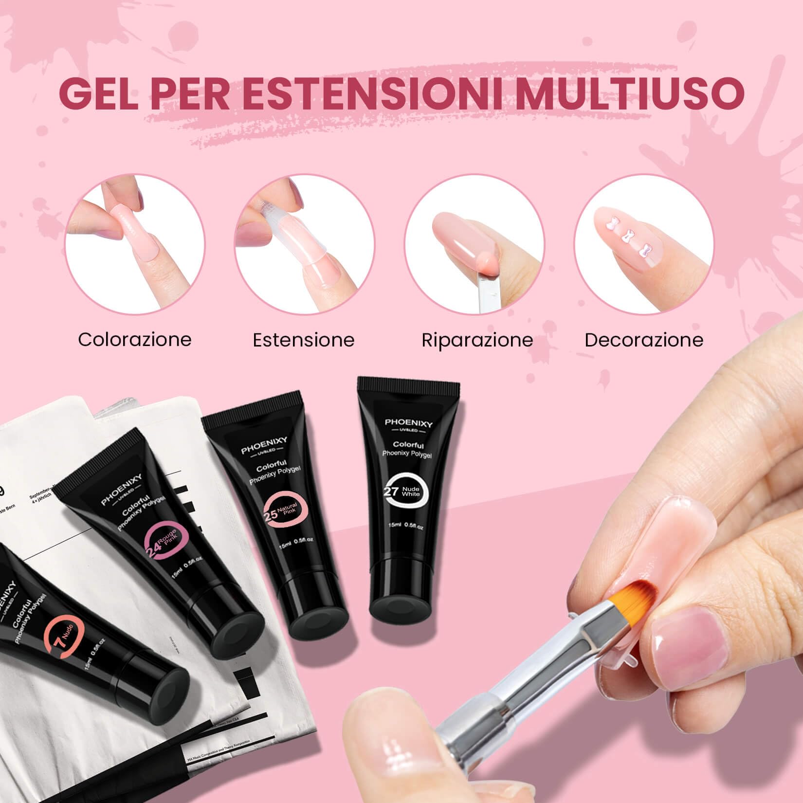 Phoenixy Kit Unghie Gel Completo 14 Colori 15 ML Gel Ricostruzione Bianco Nero Nudo Pink Kit Ricostruzione Unghie U V/LED Regalo per Donna