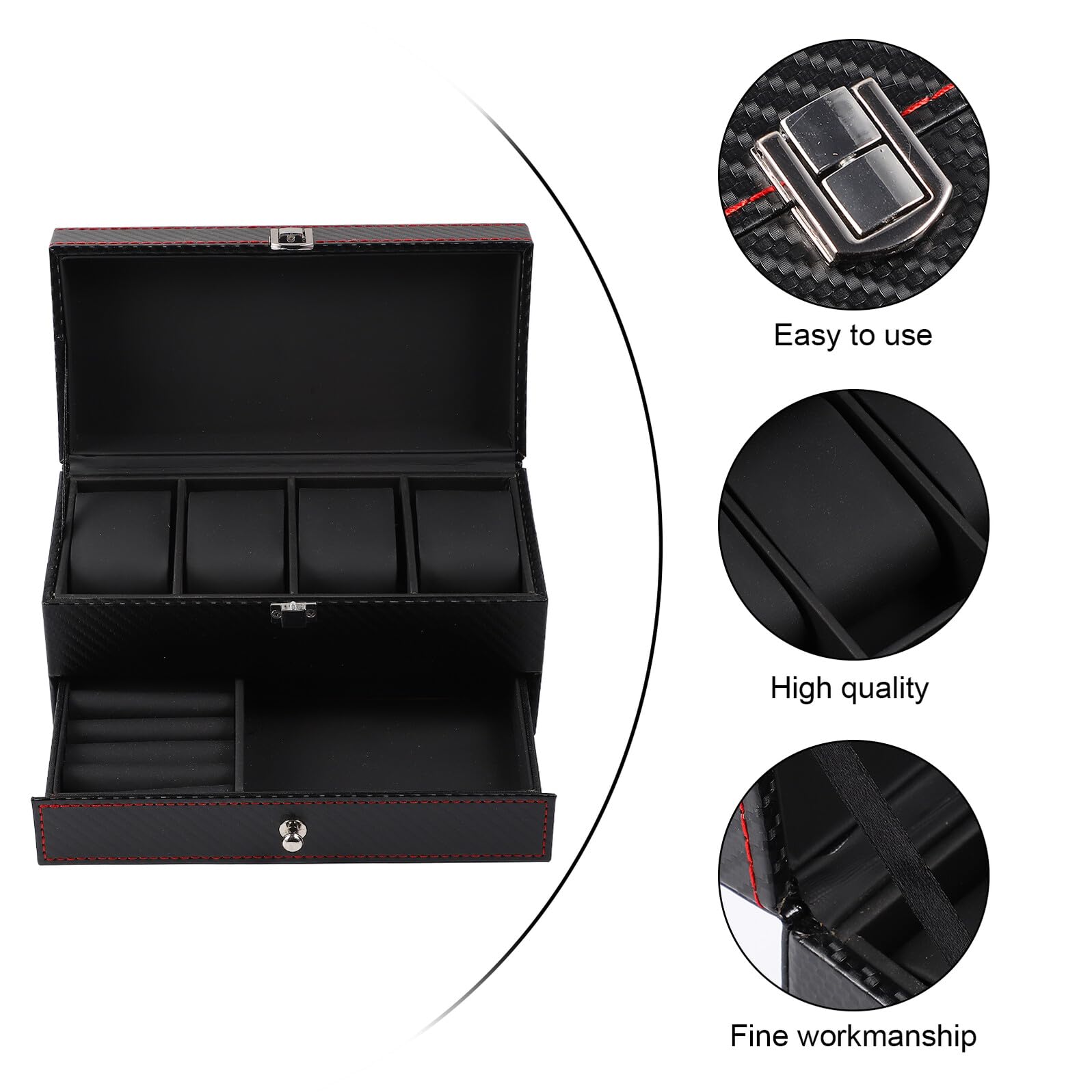 HEMOTON Boîte à Montres en Fibre de Carbone Noire Intérieur en Cuir Noir Coffret de Rangement pour Bijoux et Bagues Étui Compact pour Présentation et Protection Lors de Voyages