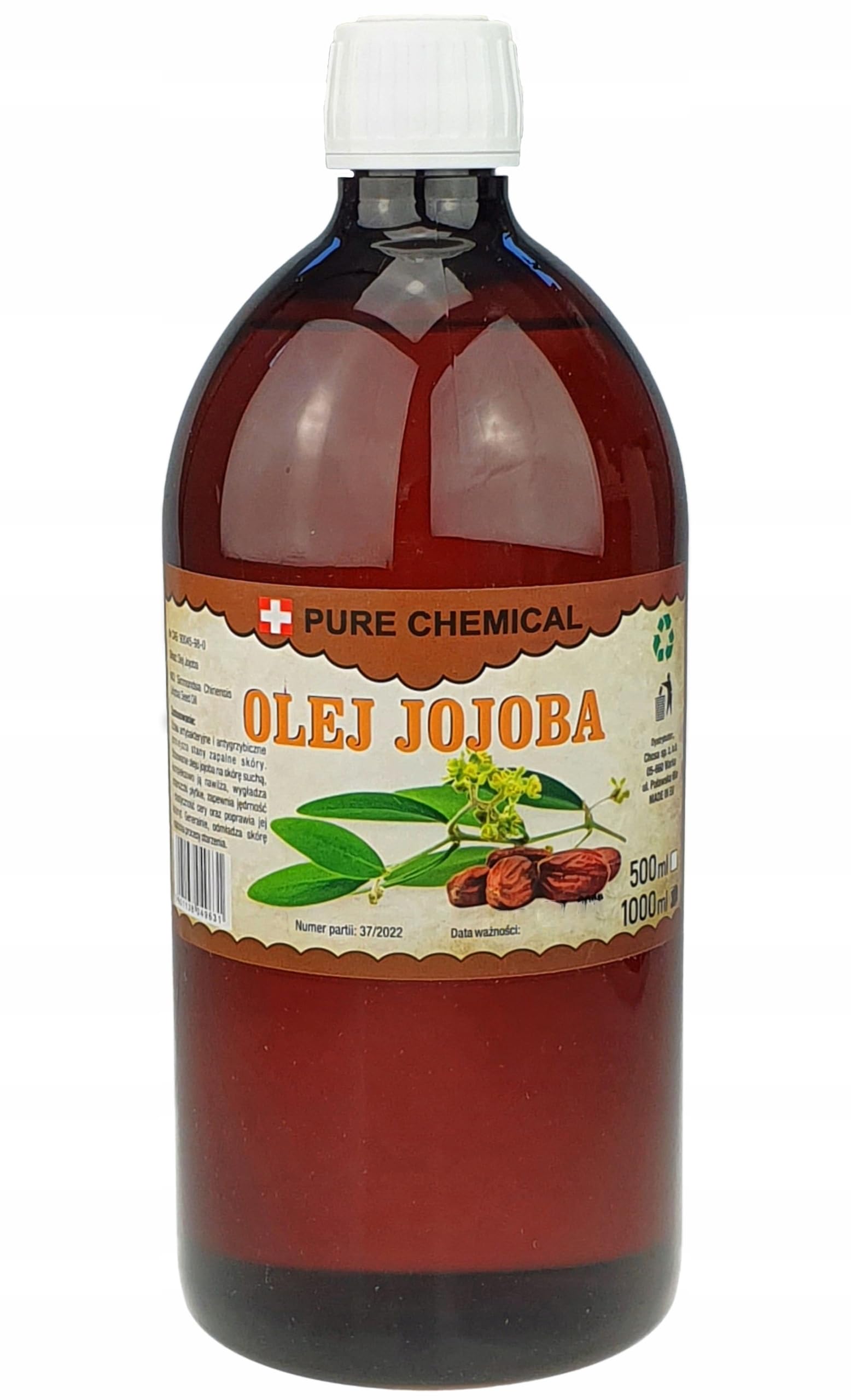 PURE CHEMICAL - Organiczny olej jojoba 1L - tłoczony na zimno - czysty - do twarzy, skóry, włosów, brody i paznokci - wegański olej jojoba - do twarzy i ciała - przeciwzmarszczkowy - naturalny (1L)