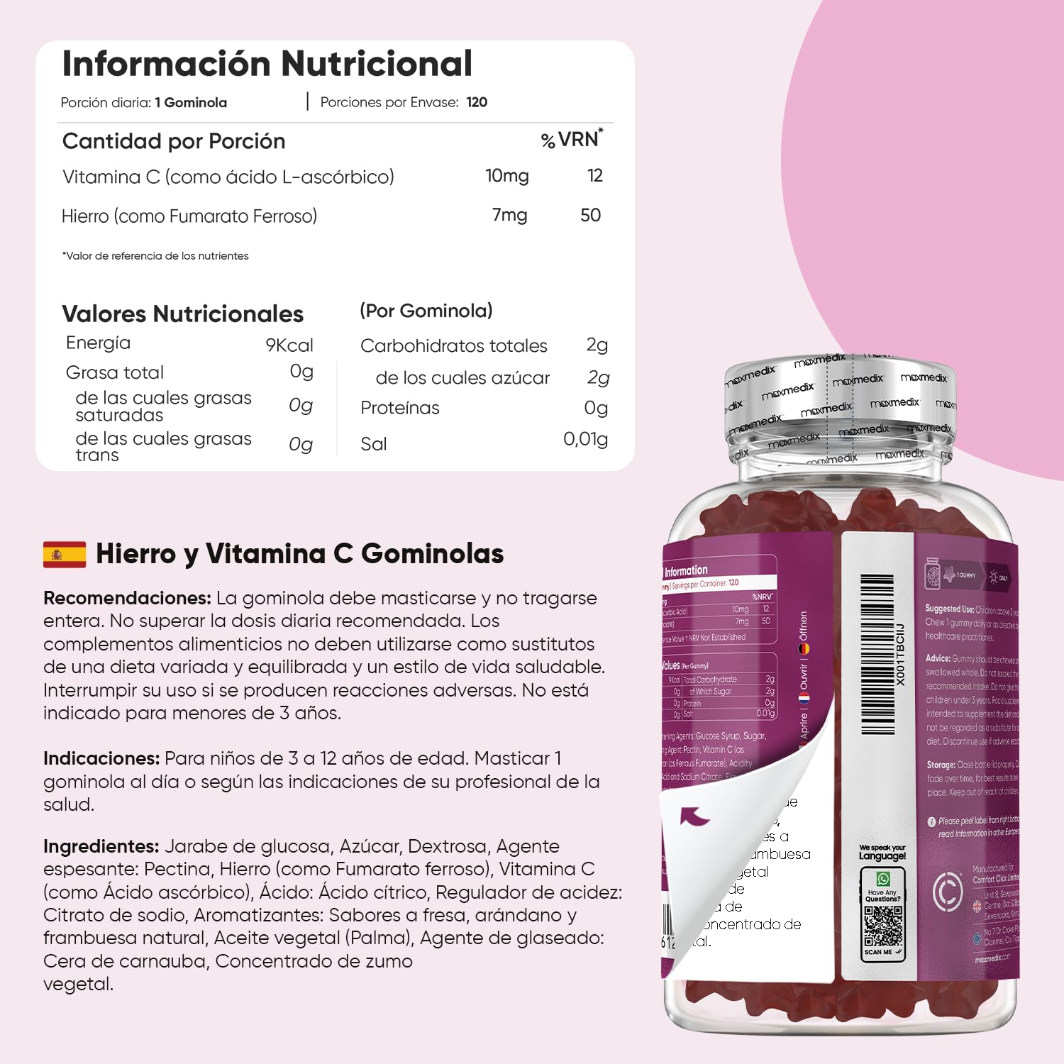 Con Omega 3-6-9, Hierro con Vitamina C y Calcio con Vitamina D3 - Pack de Gominolas Masticables - Sin Gluten ni OGM