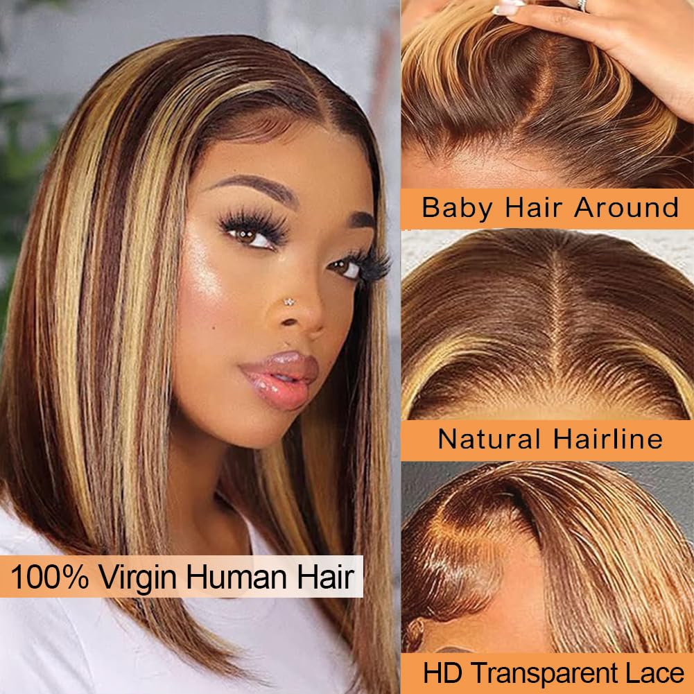 Peluca Bob con reflejos de cabello humano predepeilada 13x4 ombré rubio miel HD encaje frontal, pelucas Bob para mujeres negras 4/27 sin pegamento, peluca Bob ombré de rubio a castaño, lista para usar 2