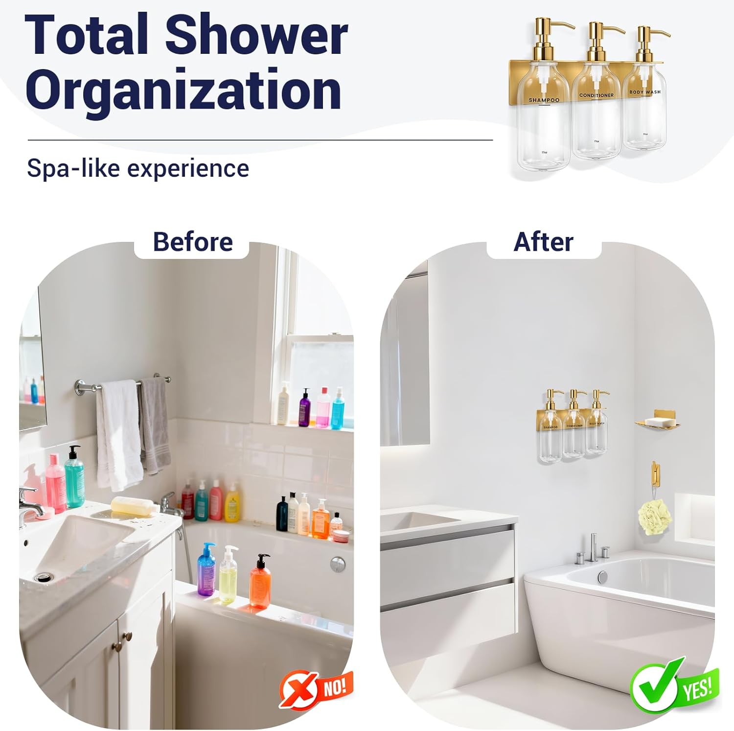 KLL Shampoo and Conditioner Dispenser - 3 Soap Dispenser Bathroom Wall Mount No Drill, Soap Holder, Hook - Refillable Shower Dispenser Pump Bottle for Bathroom Shower Accessories (Transparent)