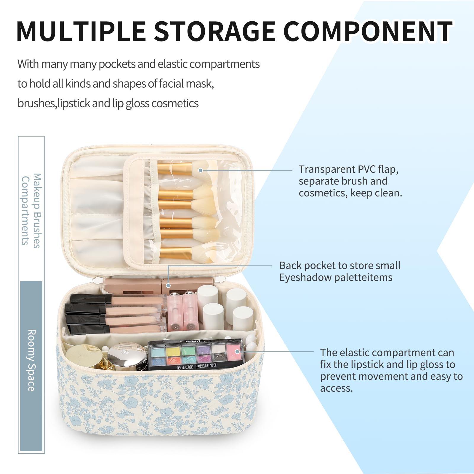 Make-up-Tasche, Tragbare Kosmetische Tasche, Reise-Make-up-Fall-Organisator der großen Kapazität, Schwarz für Frauen-Toilettentasche für Mädchen, die mit Griff und Teiler Reisen (A-blauer blumendruck)