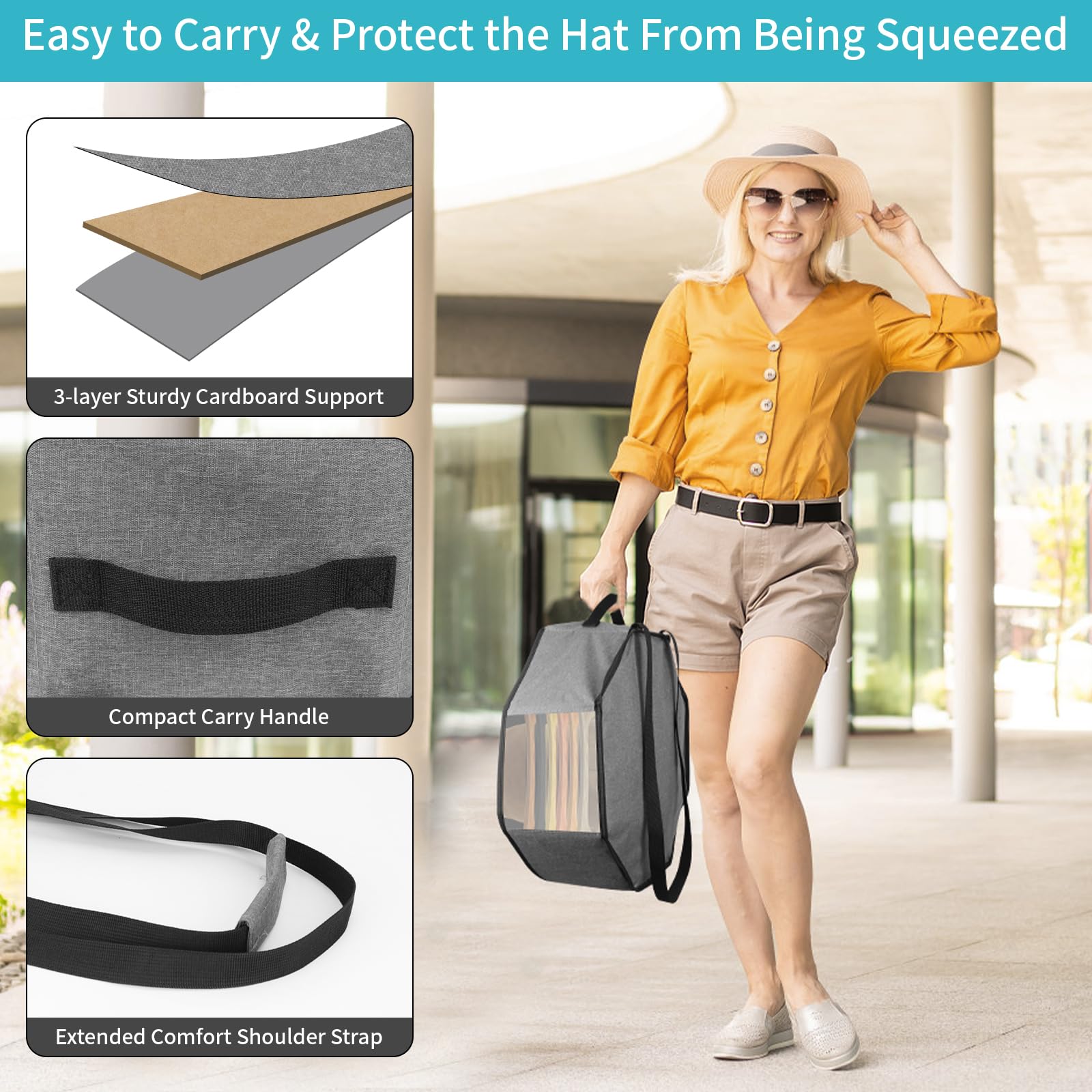 Dreamtop Large Hat Boxes for Women Storage and Travel, Foldable Hat Boxes Cowboy Cap Hat Organizer for Closet with Handles for Men Storage Large Hat Bag Carrier, Grey