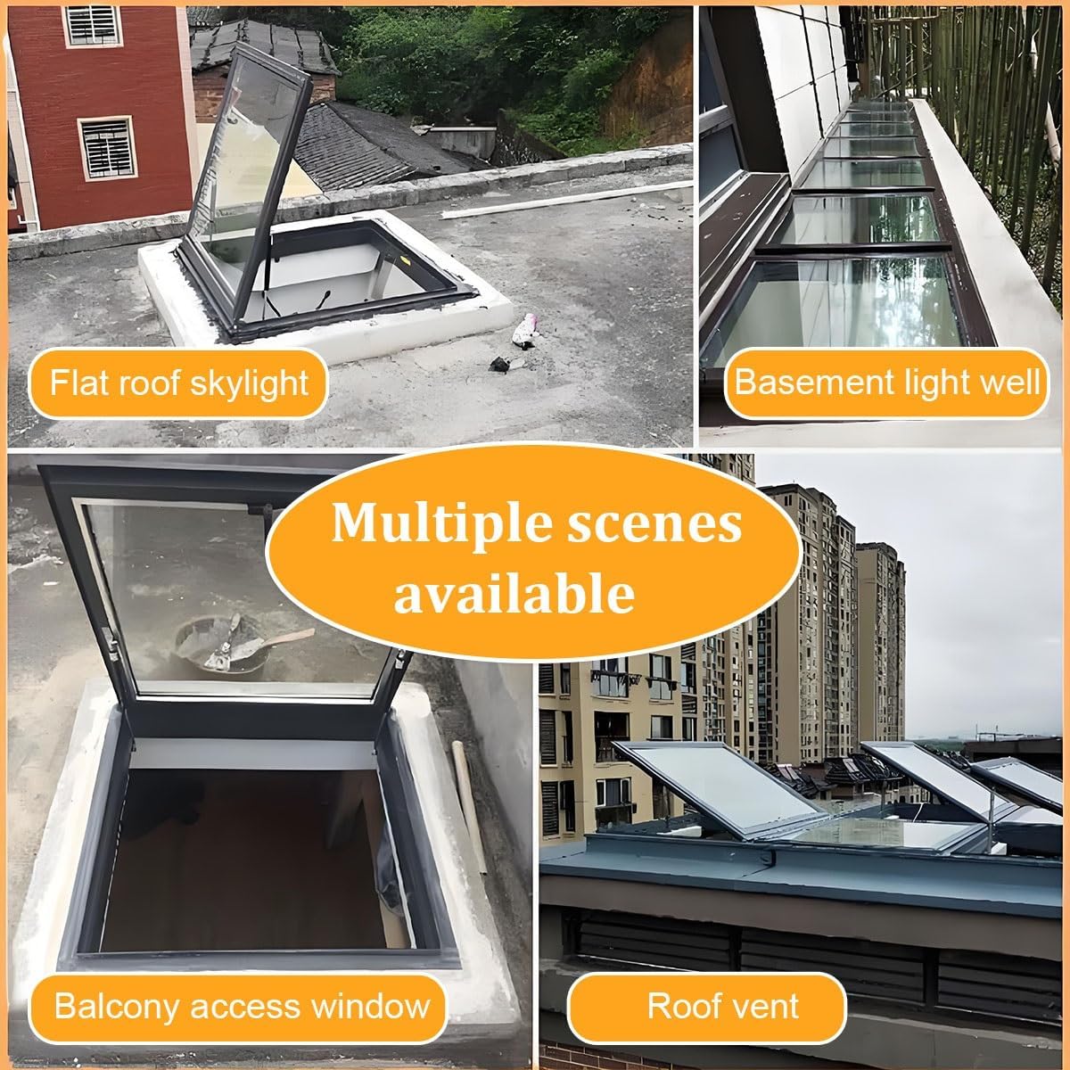 Skylight Roof Window, Sloped Flat Roof Lighting Well Window for Indoor Attic, Egress Roof Window, Manual Venting Deck Installation Skylight with Double-Layer Tempered Glass, for at