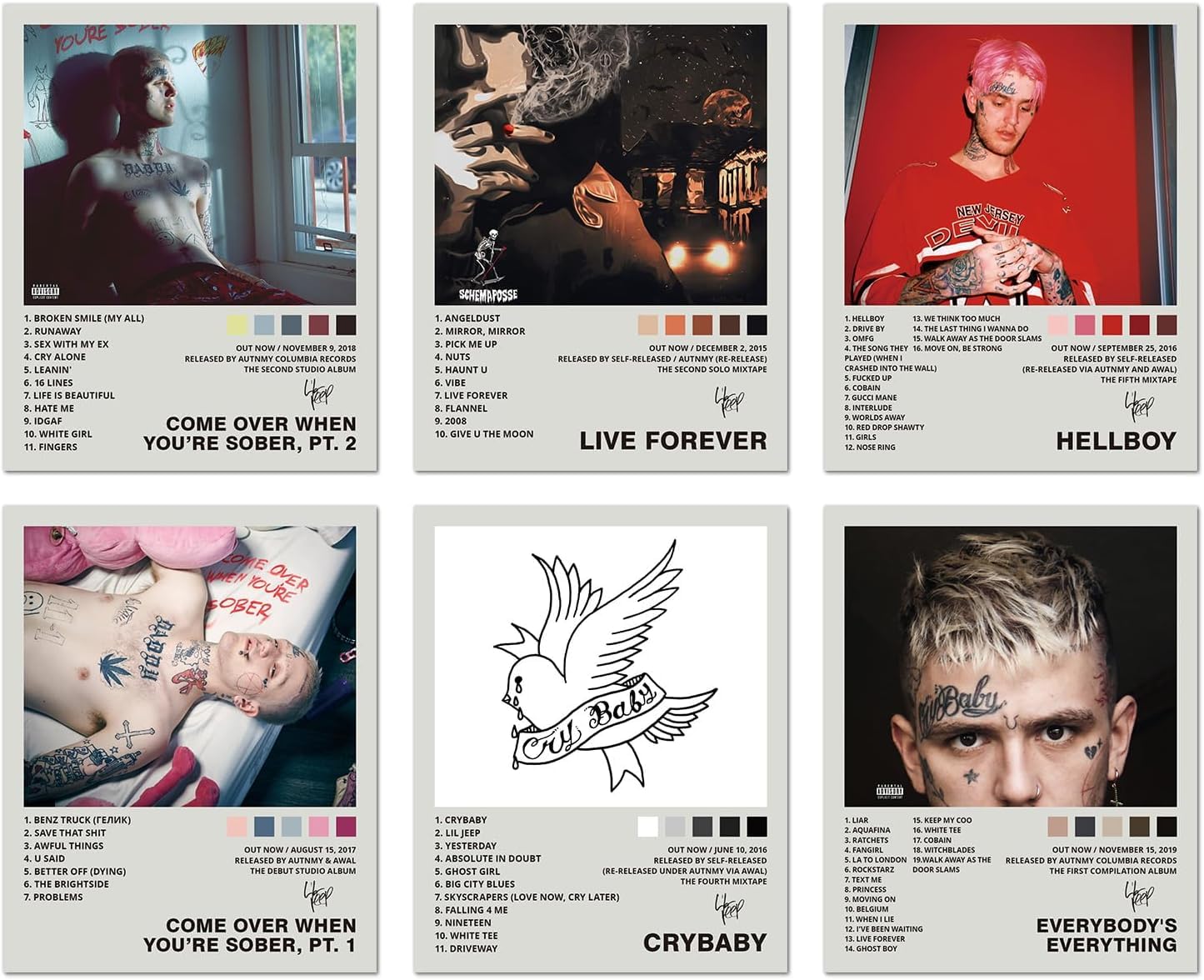 Lidy Set of 6 Lil Poster Peep Music Album Cover Posters Set Merch Wall Art Decor Canvas Poster Gifts 8x10 inch (20x25cm, Unframed)