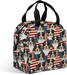 Lunch Bag for Adults, Unisex Soft Multi-functional Lunch Cooler Bags for Women Men, Miniature American Shepherd Dog American Flag, Fashion Leakproof Snack Tote