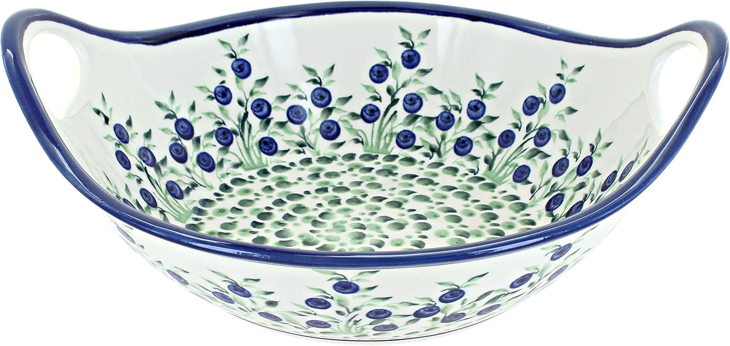 Blue Rose Polish Pottery - Green Porcelain Vine Small Bowl with Handles - 8.5" Diameter - Perfect Bowl for Salad, Bread, or any Side Dish