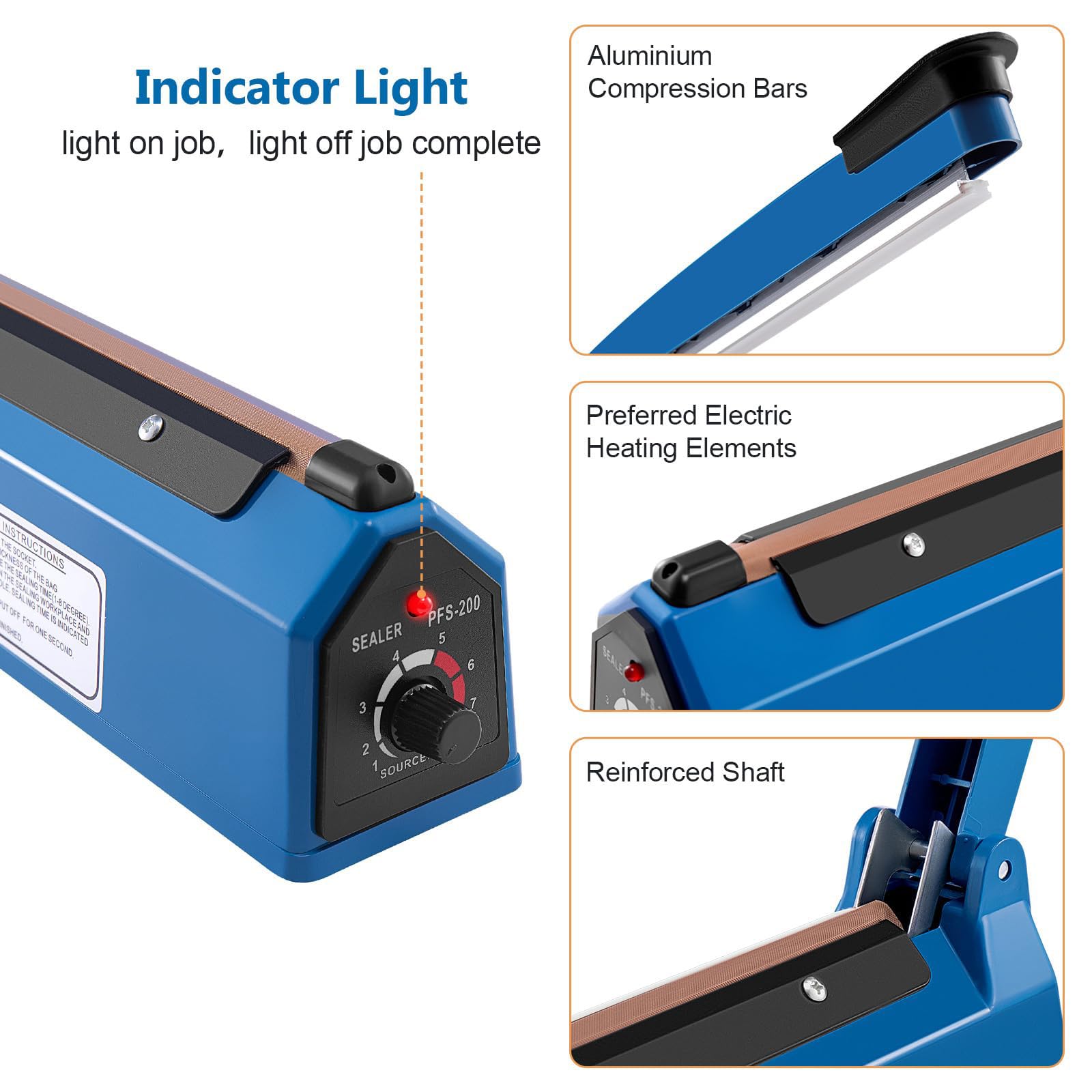 Selladora Térmica Manual De 200 Mm con Revestimiento Antiadherente, 40 Sellados/min, 8 Ajustes De Temperatura, Longitud De Sellado De 20 Cm, Ideal para Envasado De Alimentos.,200mm