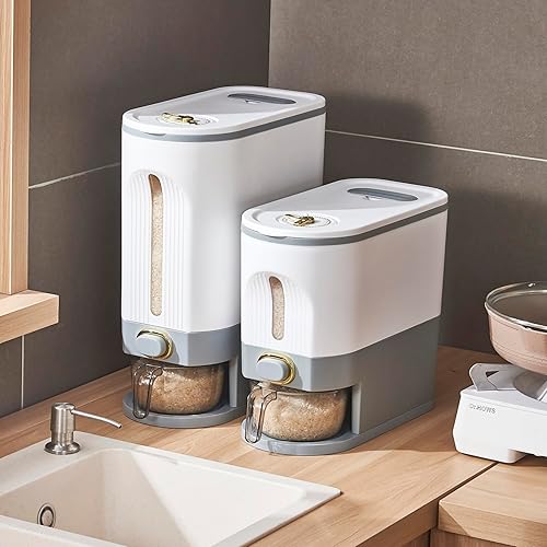 Miniatura 7 de Sooyee Contenedor de arroz de 11 libras, contenedor de grano grande con tapa, cilindro de medición a prueba de humedad, cubo dispensador de cereales