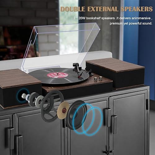 Miniatura 4 de MPK - Tocadiscos Bluetooth, sistema de alta fidelidad con altavoces de estantería, tocadiscos de vinilo de 3 velocidades con transmisión por correa