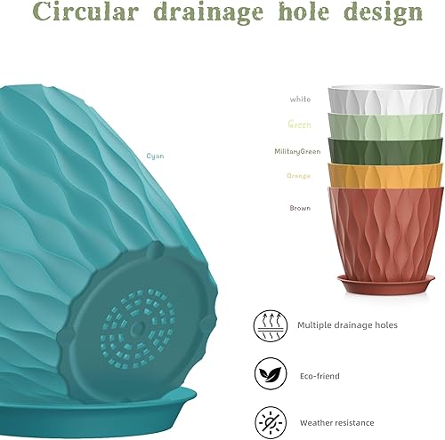 Miniatura 3 de Macetas de 5 pulgadas, paquete de 6 macetas de interior, macetas pequeñas con agujeros de drenaje y bandeja para suculentas, orquídeas, hierbas y