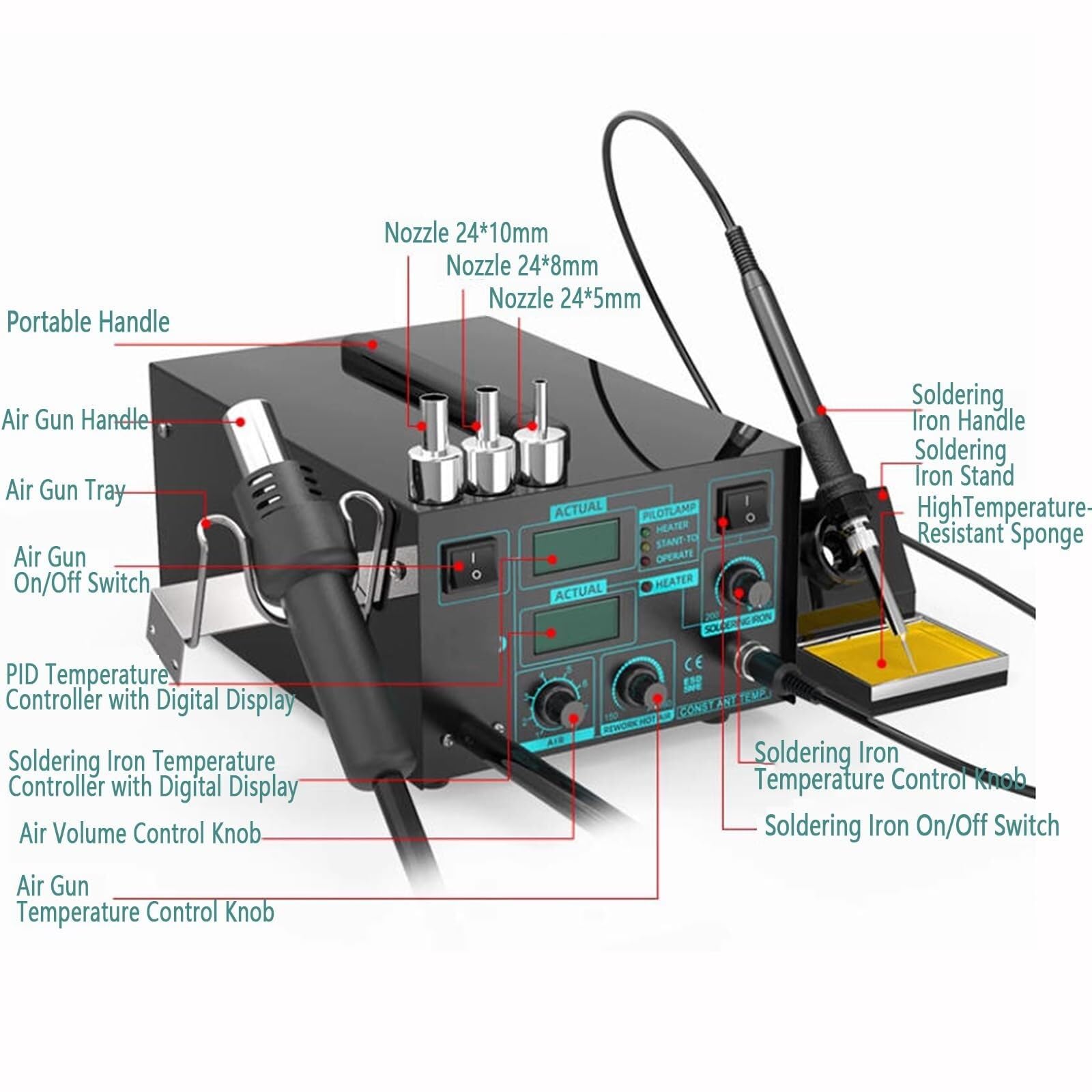 Stazione di saldatura antistatica 2 in 1 con pistola ad aria calda e strumento dissaldante digitale, temperatura regolabile per riparazioni elettroniche fai da te