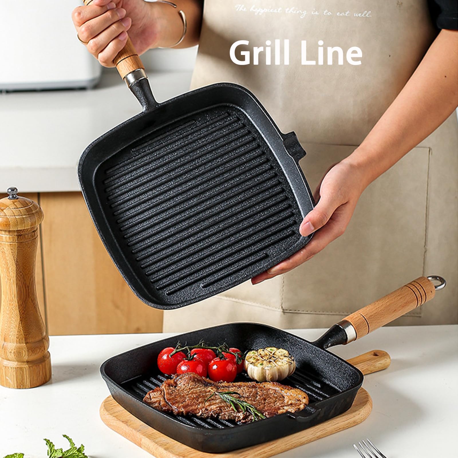 JUSTUP Nonstick Frying Pan,9.1 Inch Pre-Seasoned Cast Iron Square Grill Pan with Diversion Port,Steak Pot Breakfast Skillet for Bacon,Steak and Burgers (Black)