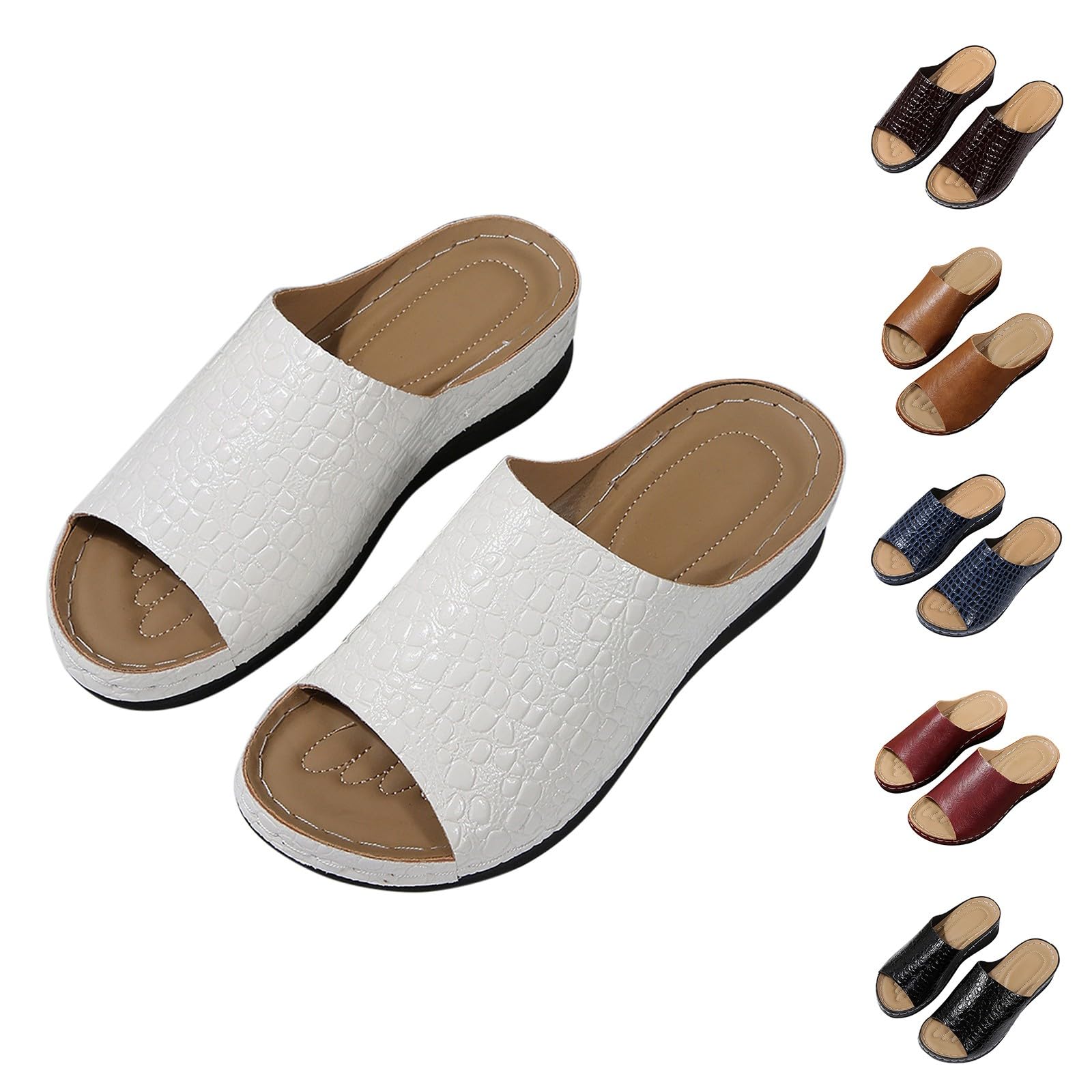 Pantofole estive da donna, vestibilità ampia, pantofole da donna in pelle, comode pantofole con morbido tessuto in pelle, bocca di pesce, fondo spesso, antiscivolo, leggere, con supporto per arco