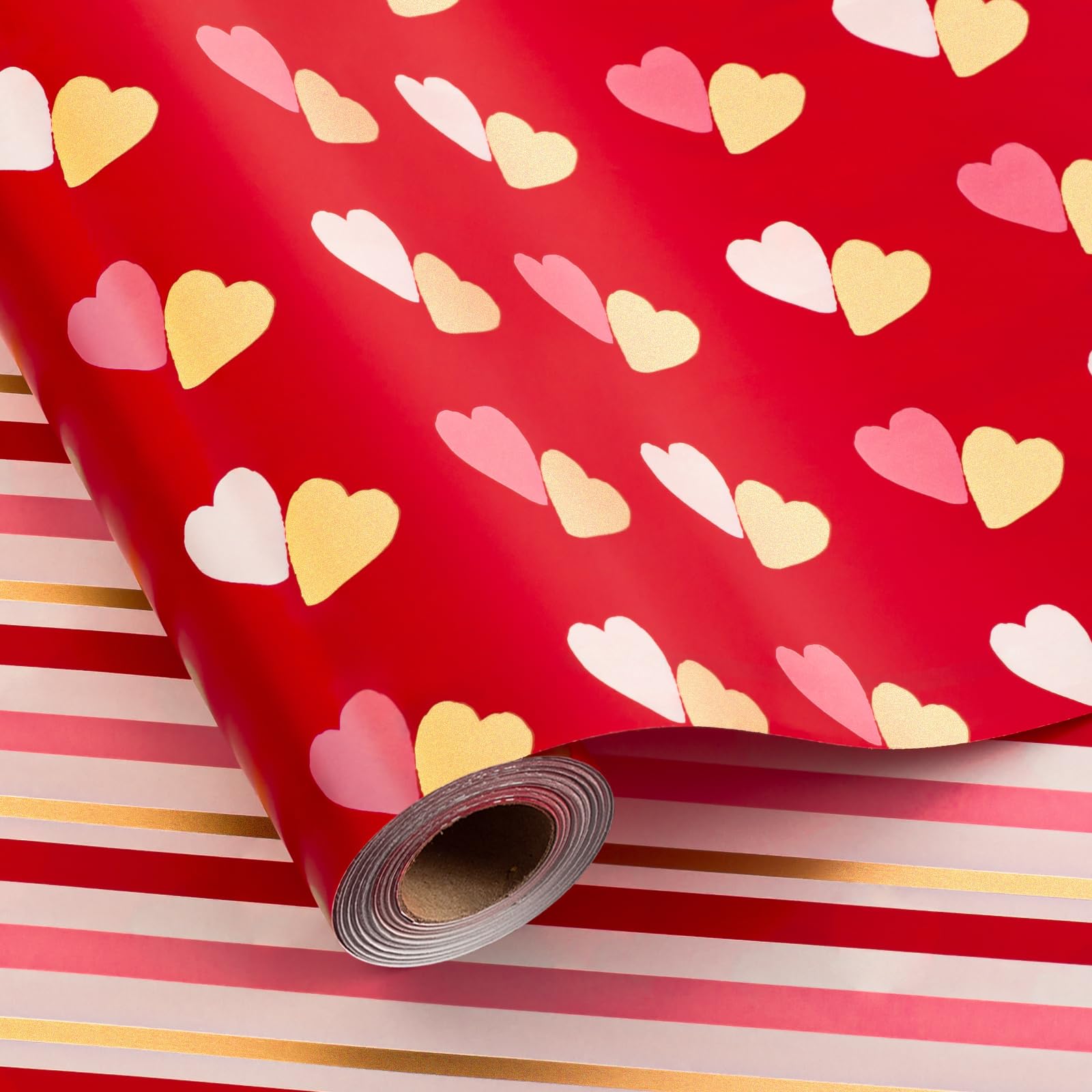 MAYPLUSS Reversible Valentine's Day Wrapping Paper Roll - 17 Inch X 33 Feet - Red Gold Foil Double Love Heart Design Lover Gift Wrap for Valentine’s Day, Birthdays, Wedding, Anniversaries and Holiday