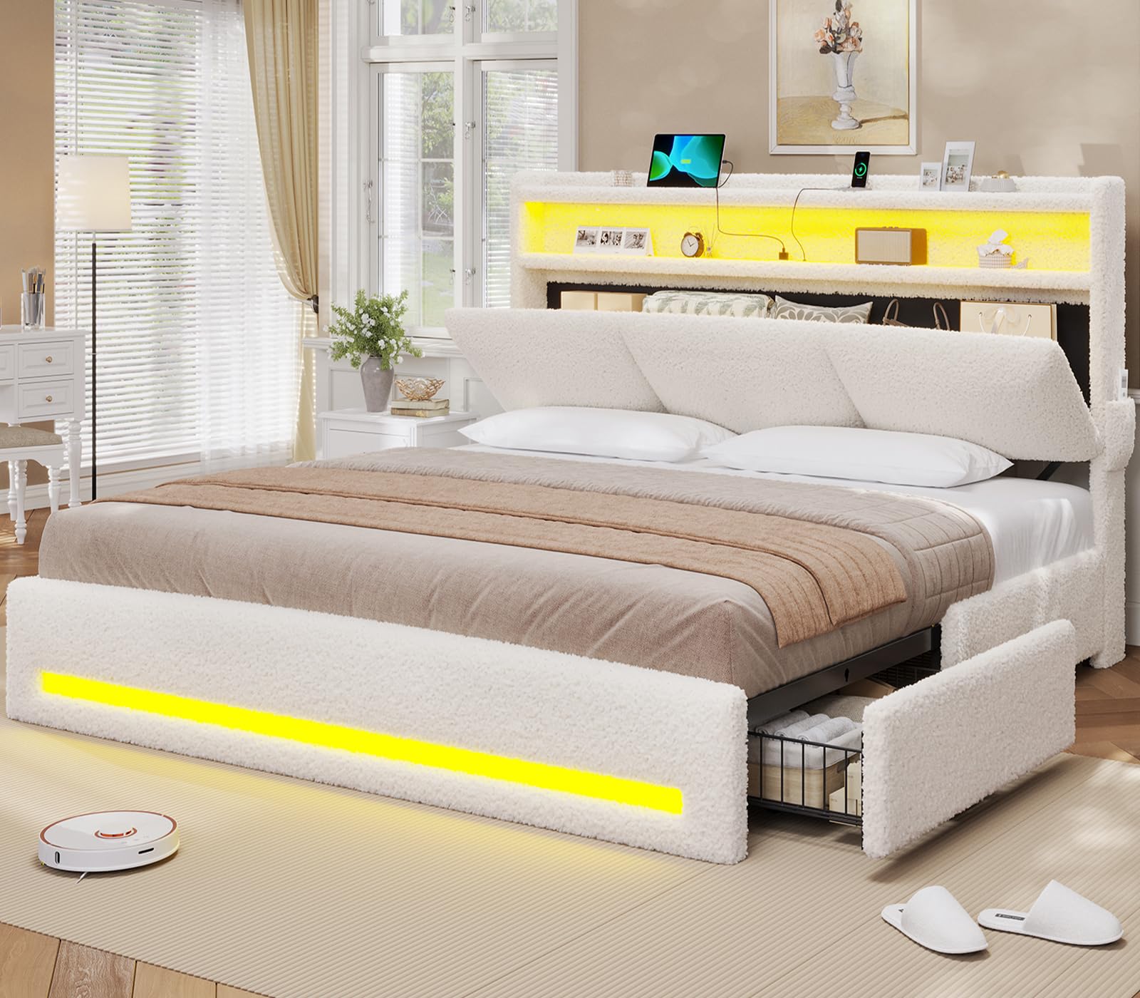 VIAGDO King Bed Frame with Storage Headboard and Charging Station Boucle Upholstered Bed Frame King Size with 4