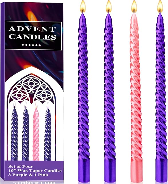 BEYAOBN 4 Pack Christmas Advent Taper Candle, Spiral Advent Candles Set ,10 Inch Dripless Taper Candle 8 Hour Burn Time for Christmas, Party, Celebration, Church, Home Décor (3 Purple /1 Pink )