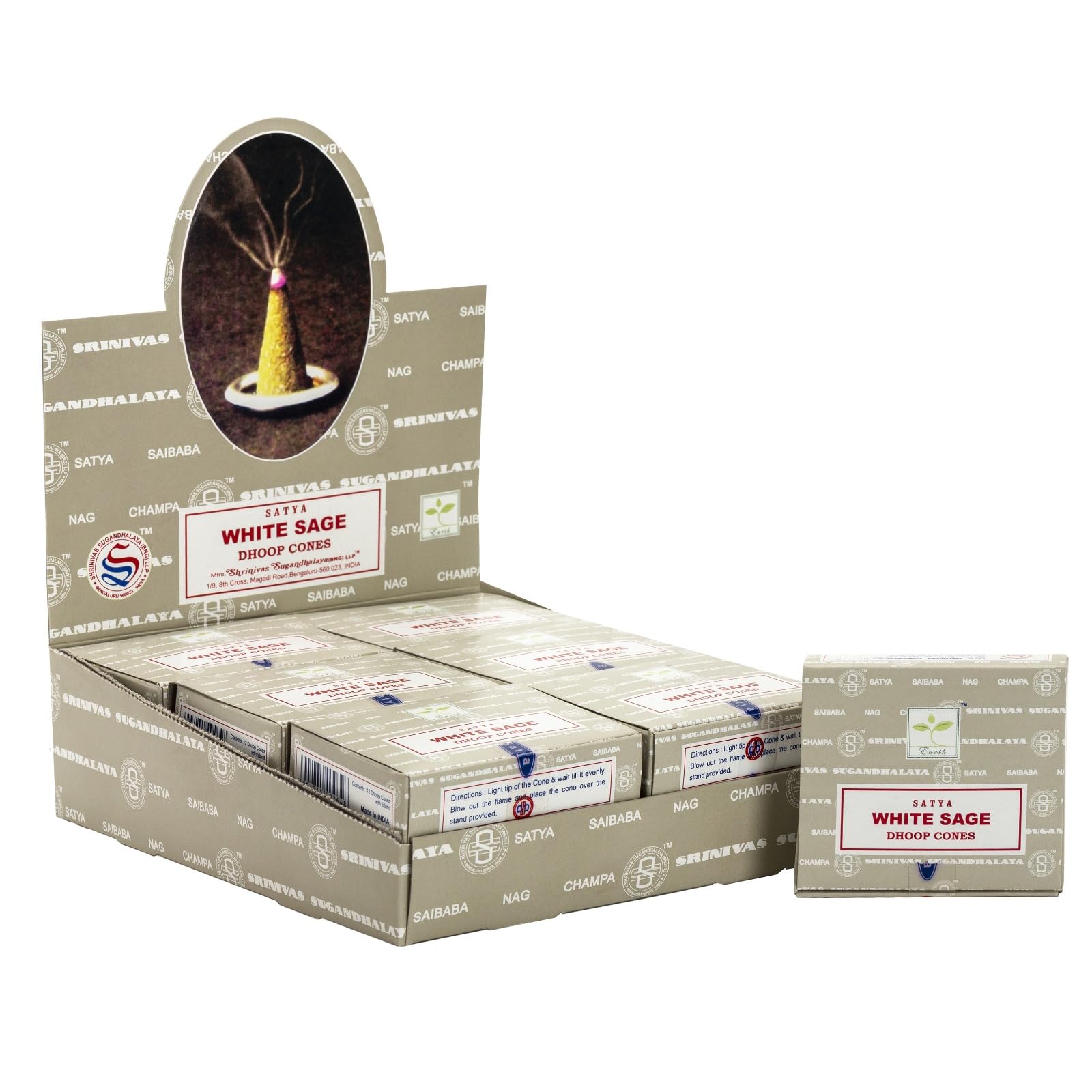 Satya Sai Baba White Sage Original Earth Marked Natural Masala Incense 144 Dhoop Cones in Pack of 12 Boxes | Best for Prayer, Meditation and Relaxation